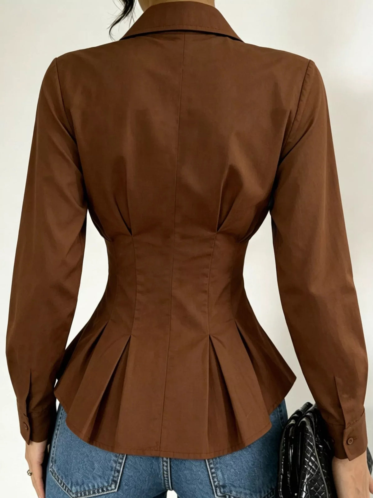 button-down peplum blouse with fitted waist | dropsona - neutral - size reference