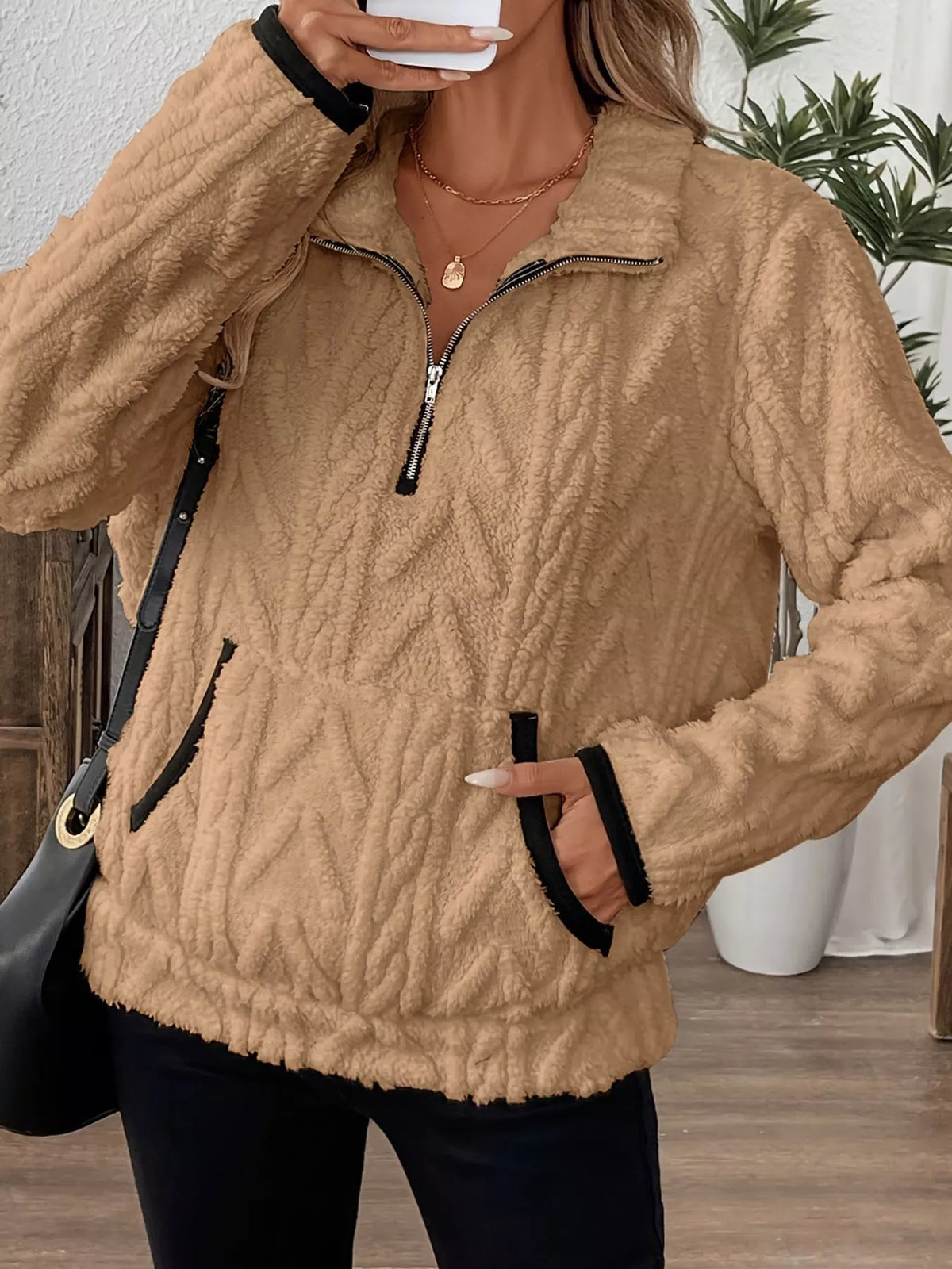 full size quarter-zip sherpa sweatshirt plus | dropsona - neutral - close-up detail