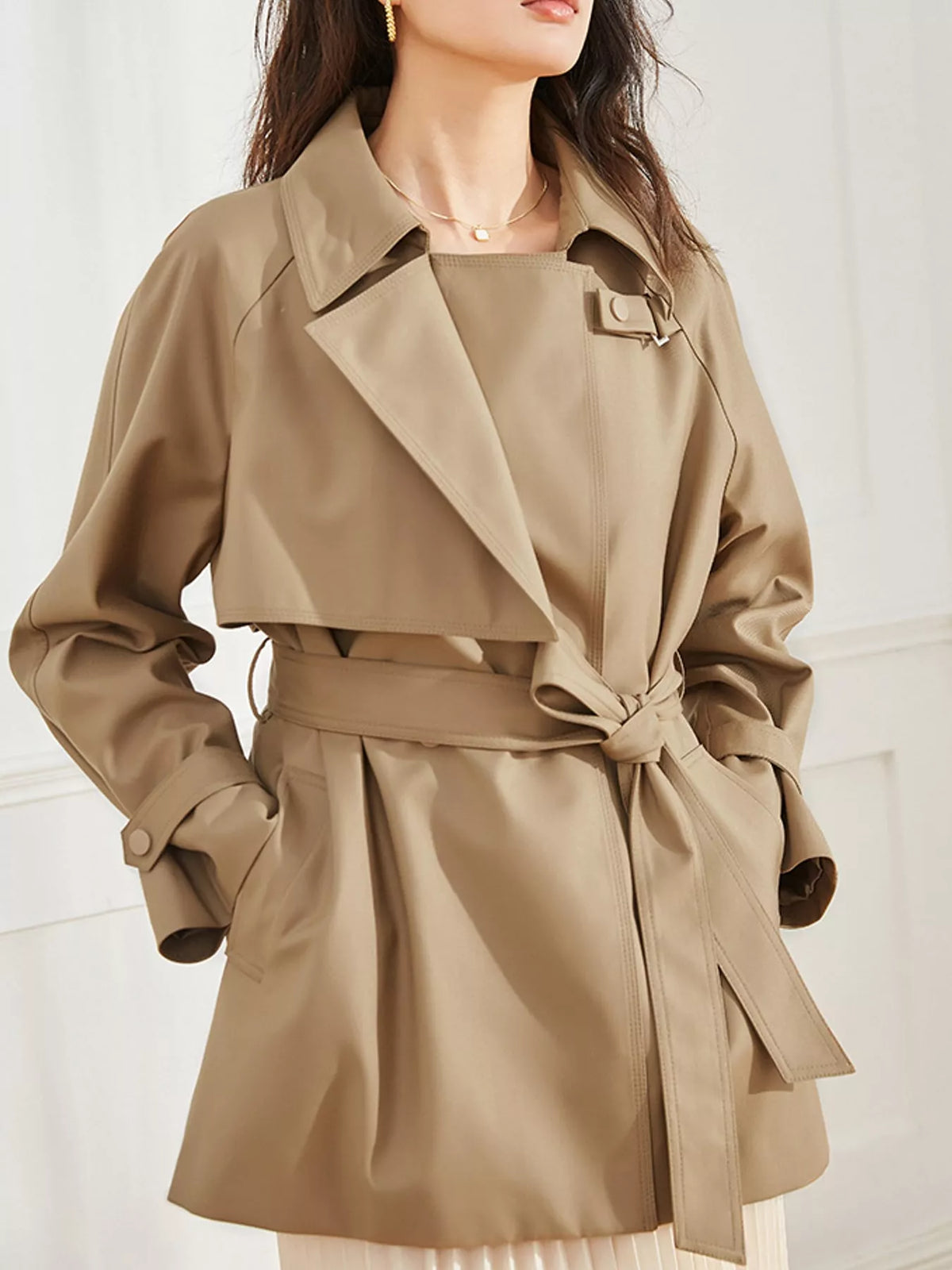 double-breasted tie waist trench coat | dropsona - neutral - size reference
