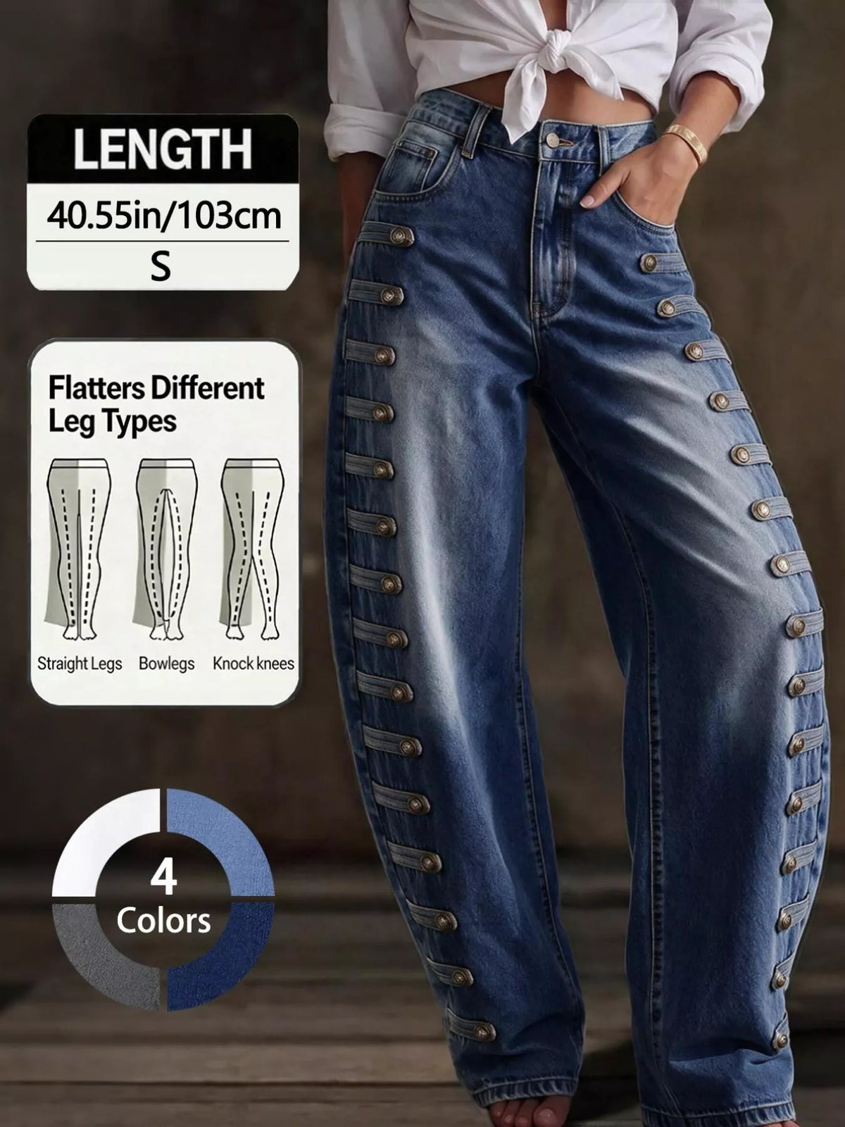 decorative button wide leg jeans – buttoned,pocketed | dropsona - neutral - everyday use