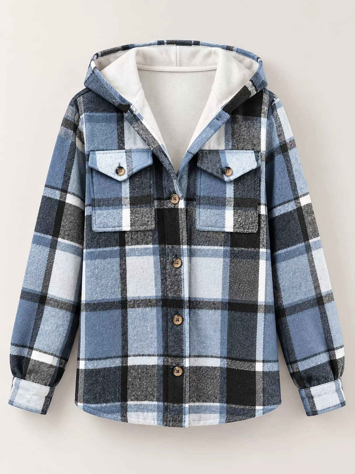 fleece-lined plaid button up shacket | dropsona - neutral - close-up detail