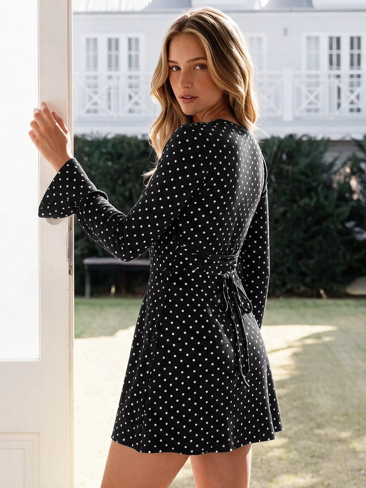 polka dot long sleeve ruffle hem mini dress | dropsona - neutral - usage example