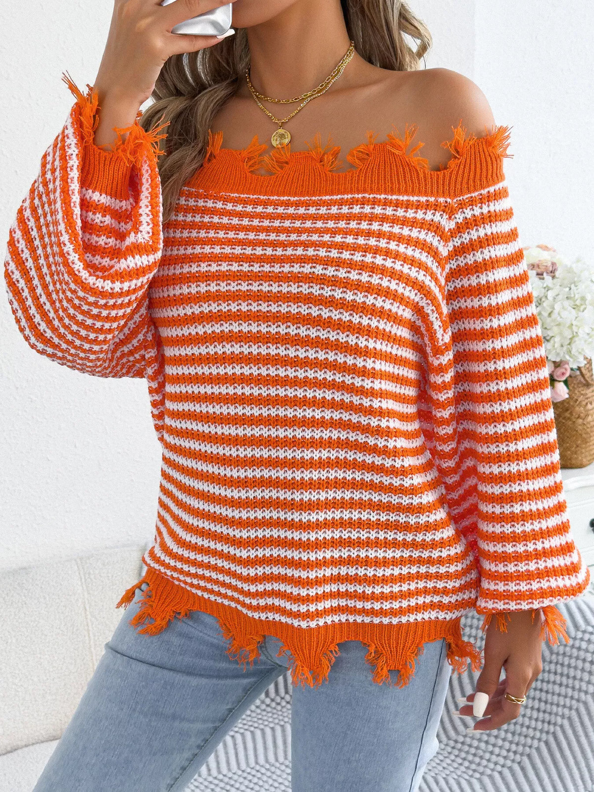 off-shoulder frayed hem striped sweater – raw | dropsona - neutral - size reference