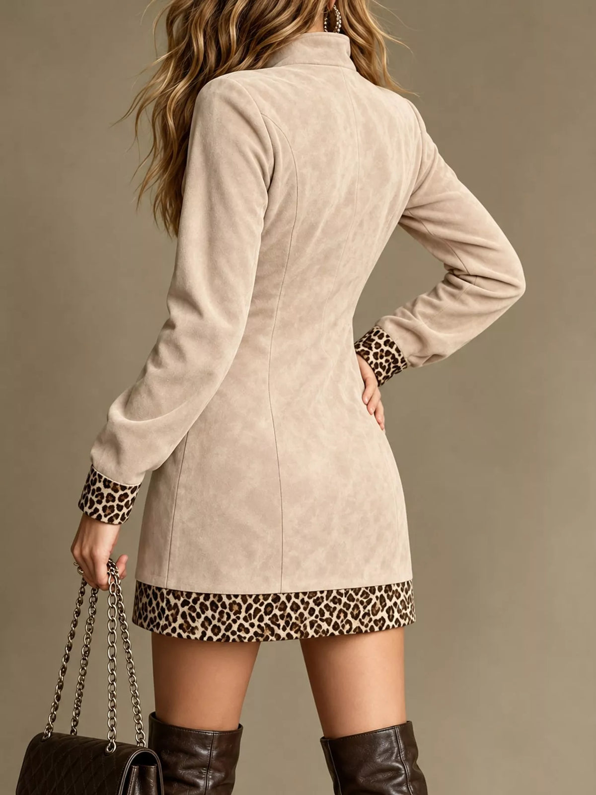 leopard half zip mini dress | dropsona polyester ≥95% - neutral - material texture