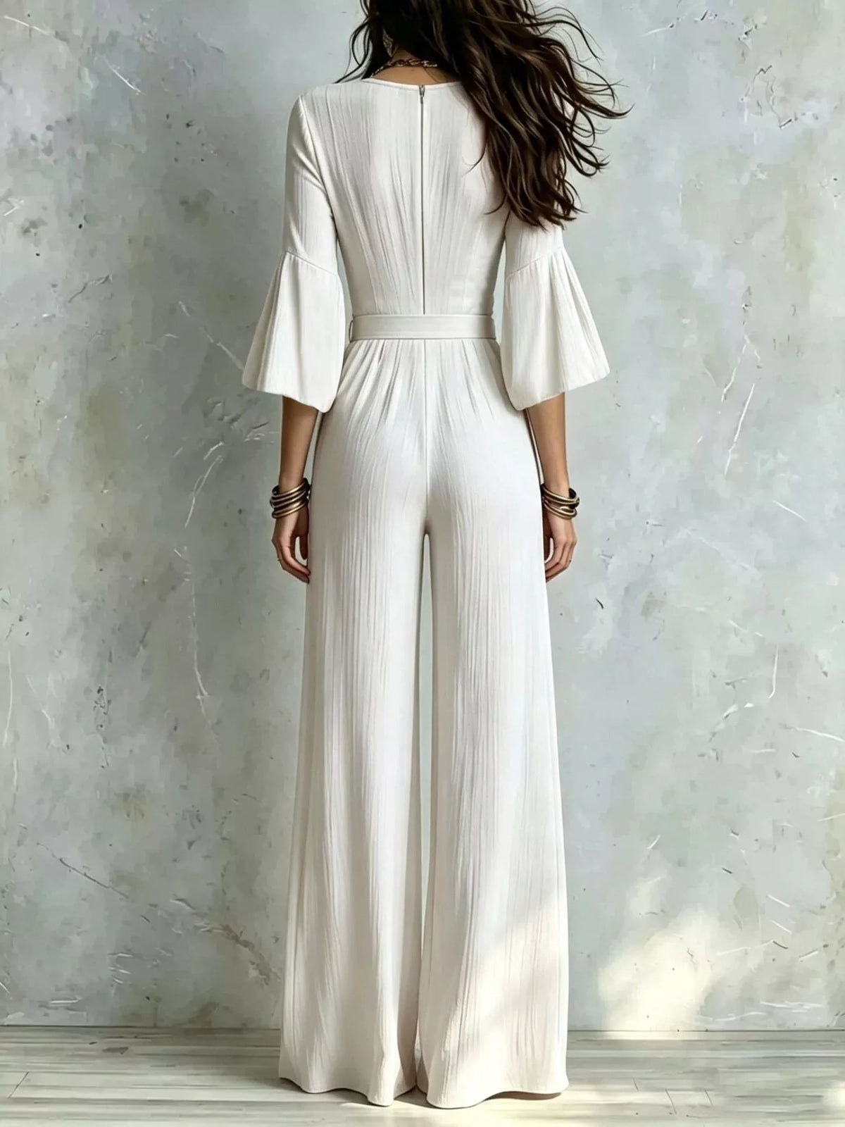 pleated wide-leg jumpsuit with tie-waist | dropsona - neutral - material texture