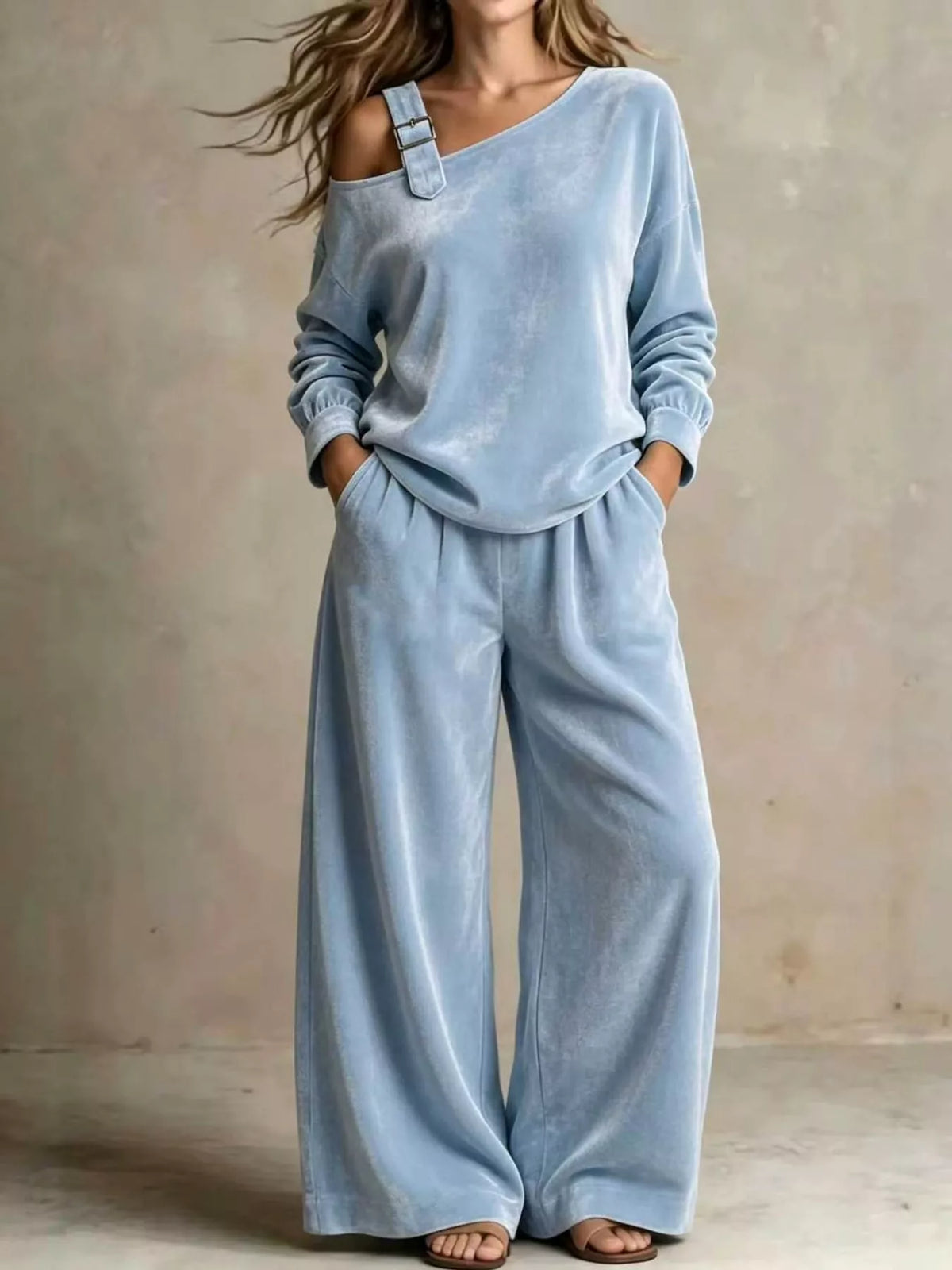 asymmetrical neck top and pants set | dropsona - neutral - material texture