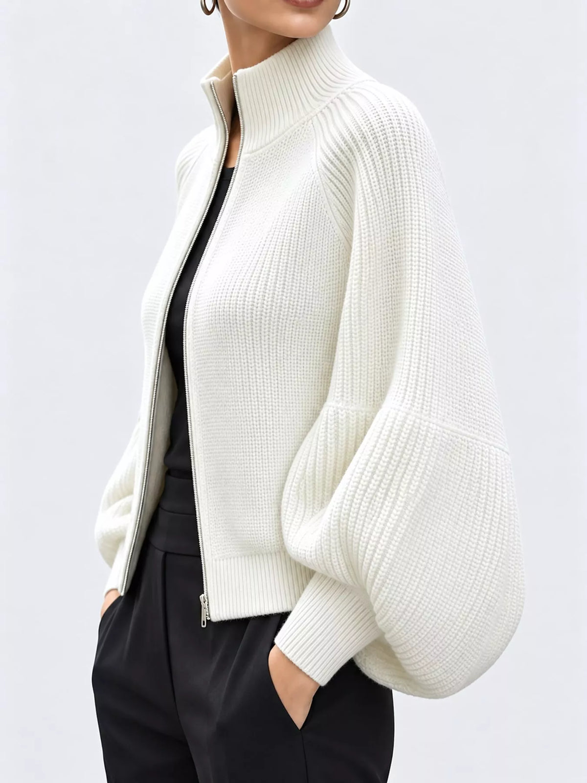 full size elegant ribbed knit zip-up cardigan with | dropsona - neutral - material texture