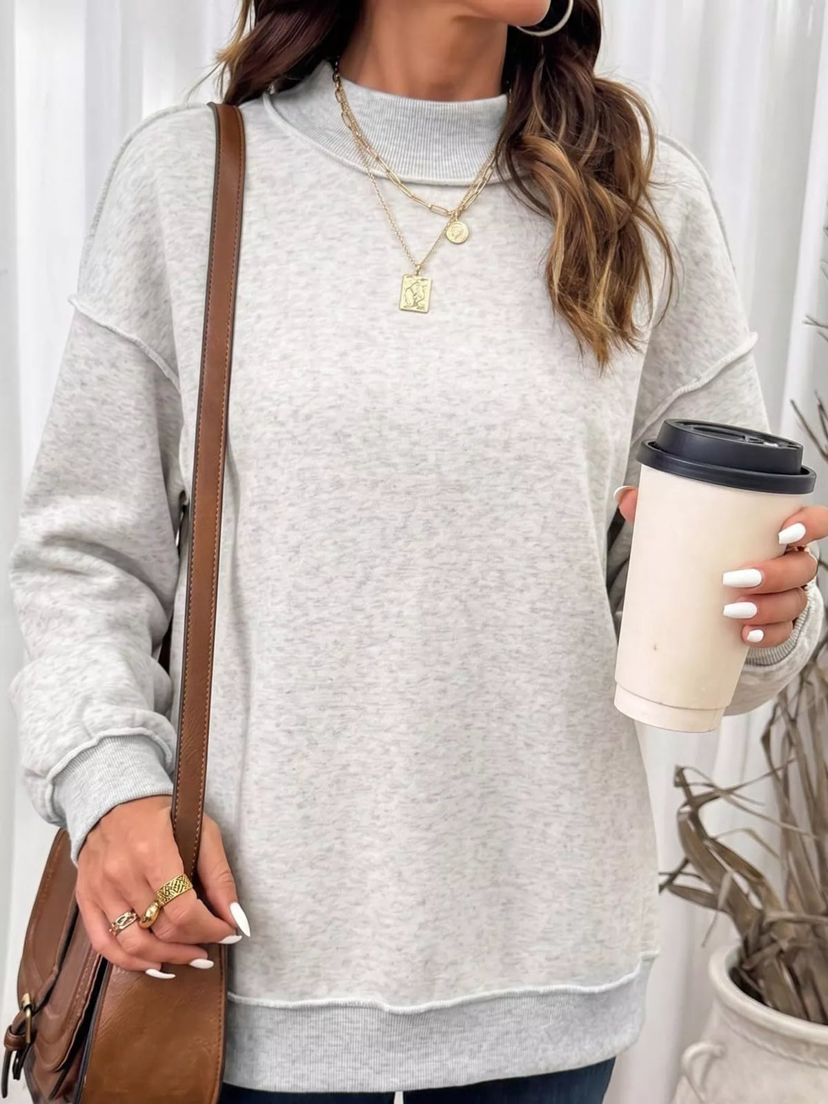 mock neck long sleeve sweatshirt | dropsona polyester 70% - neutral - close-up detail