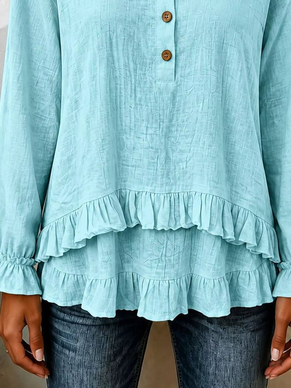 v-neck long sleeve button detail ruffled hem blouse | dropsona - neutral - usage example