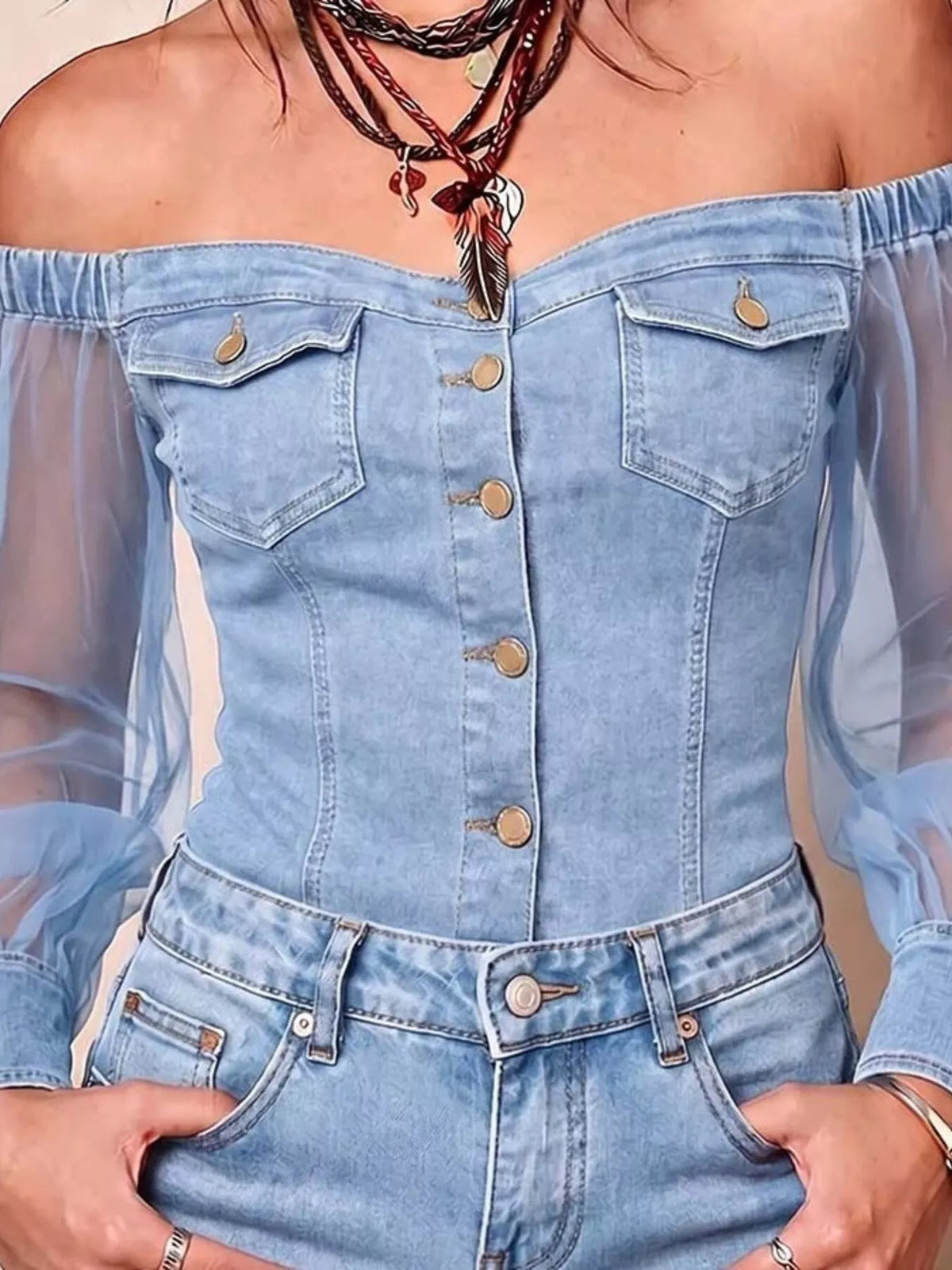 full size off-shoulder sheer sleeve denim top plus | dropsona - neutral - material texture