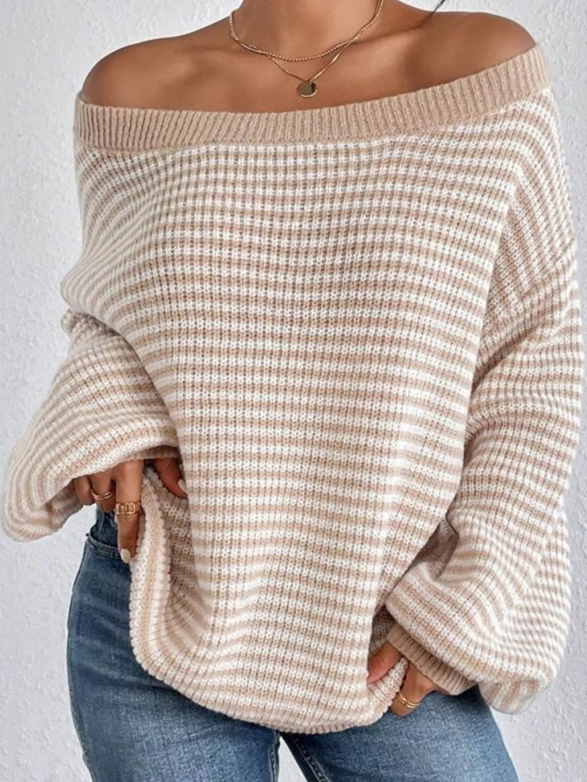 striped knit boat neck sweater – oversized,ribbed fit | dropsona - neutral - close-up detail