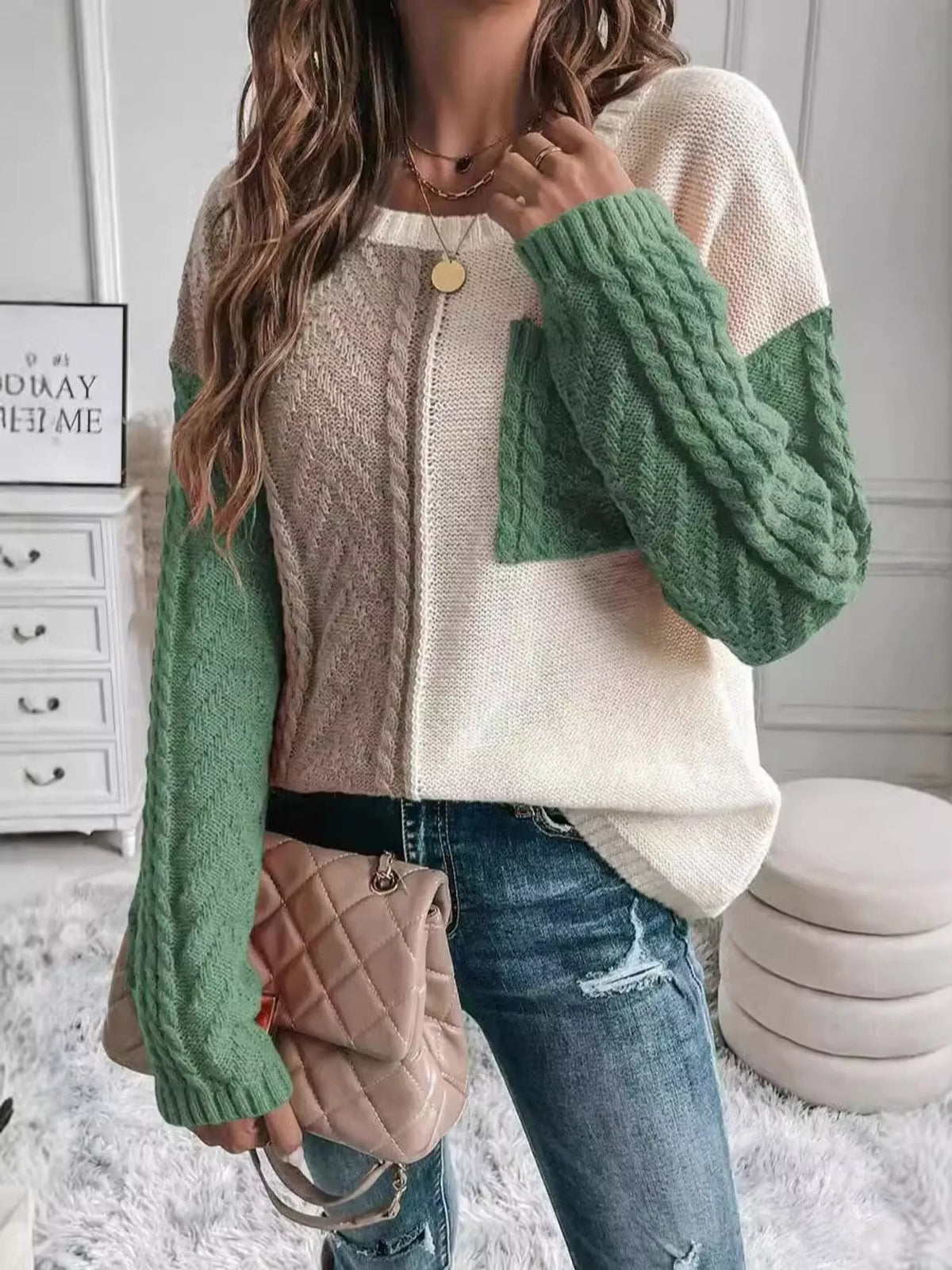 color block cable knit sweater – cable-knit fit | dropsona - neutral - front view