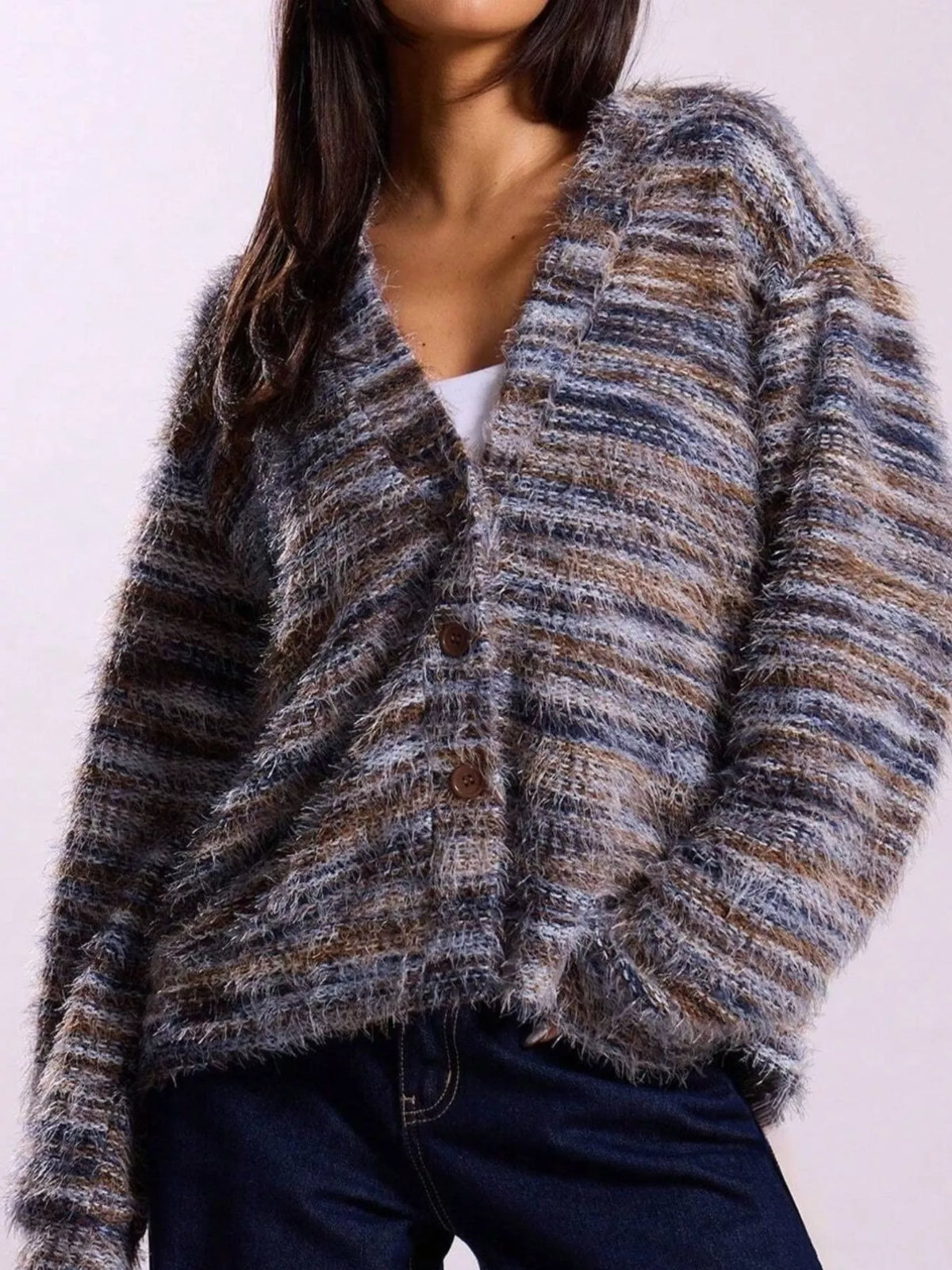 fuzzy knit v-neck button-down cardigan – buttoned | dropsona - neutral - front view