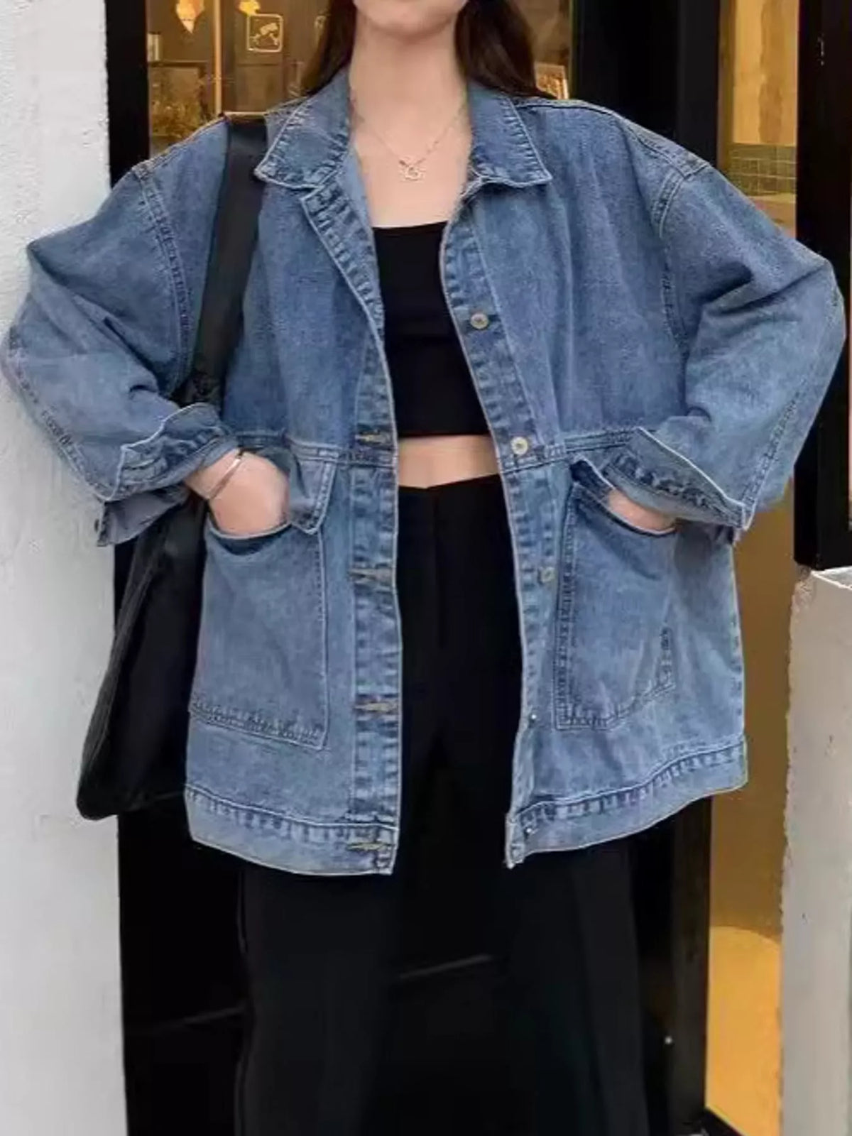 oversized wash denim jacket with utility pockets | dropsona - neutral - close-up detail