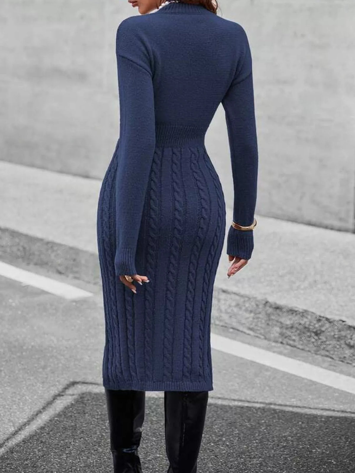 full size mock neck cable knit sweater dress with | dropsona - neutral - material texture