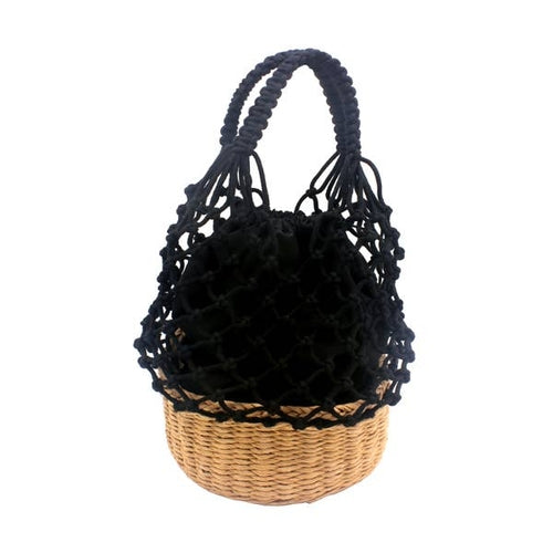 knit basket bag – - black/ white tan straw bas | dropsona - neutral - front view