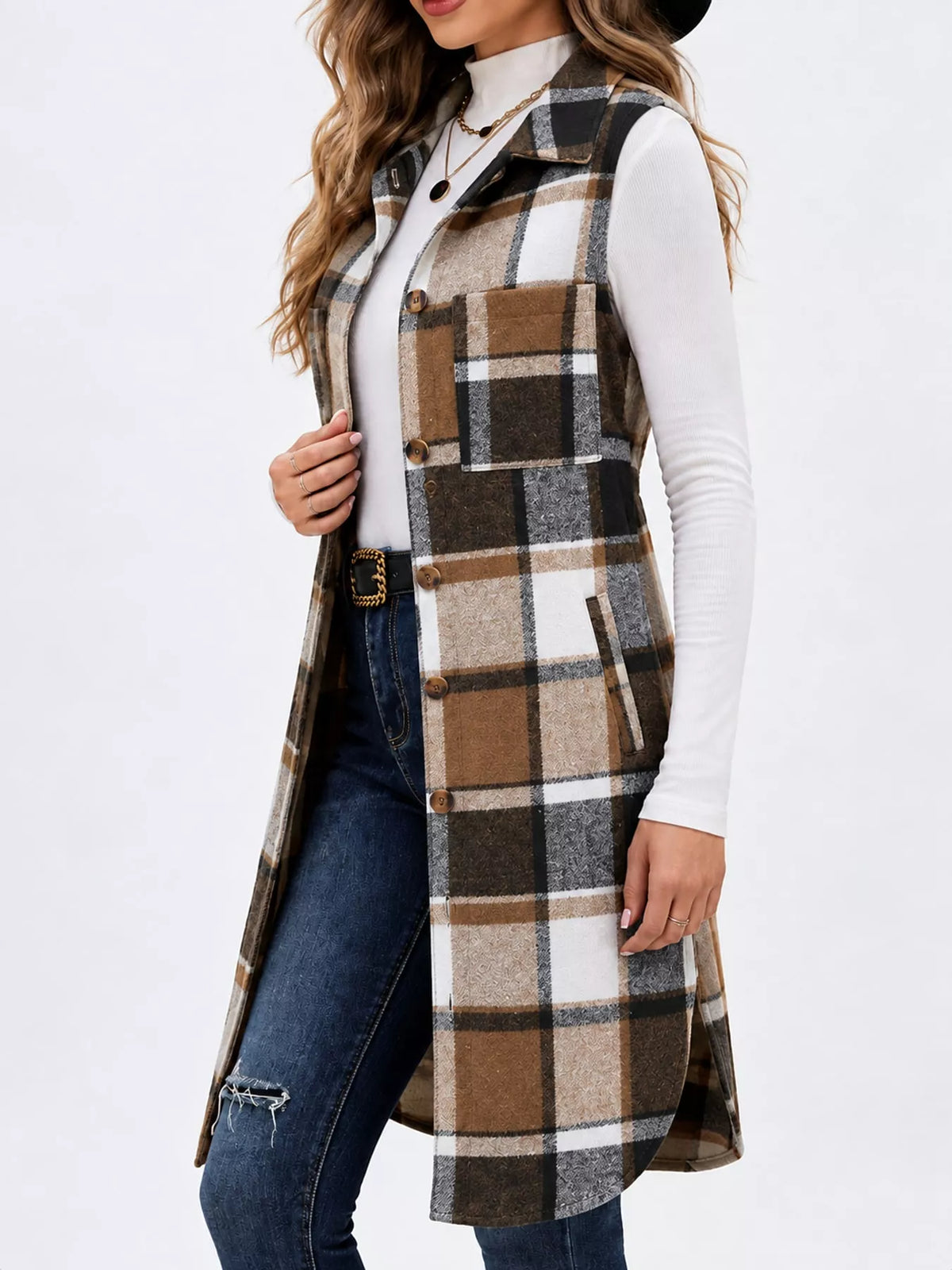 longline plaid button-down vest coat | dropsona - neutral - material texture