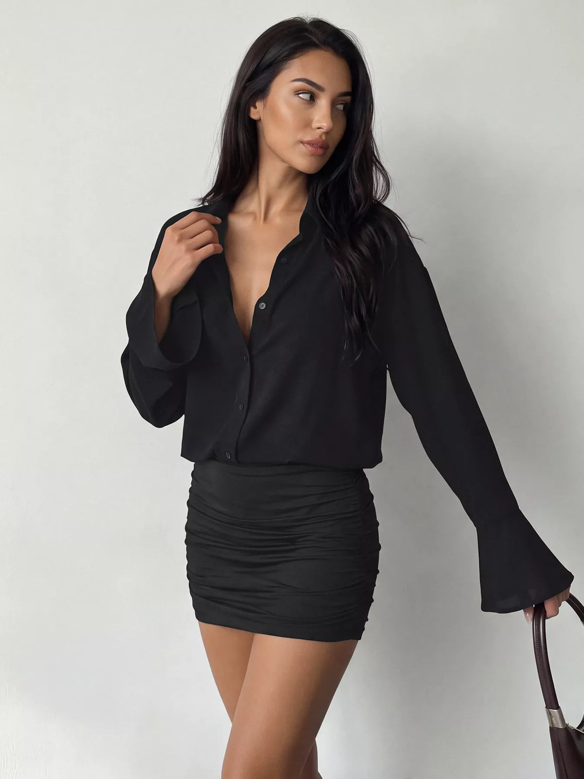 button front flounce sleeve bodycon shirt dress | dropsona - neutral - usage example
