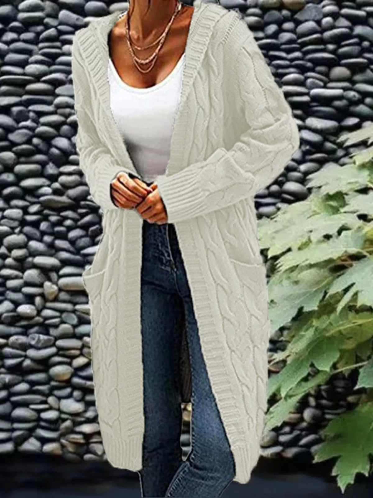 full size hooded cable knit longline cardigan plus | dropsona - neutral - close-up detail