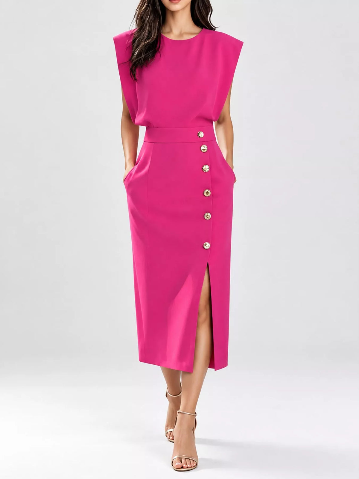 sleeveless midi dress with gold button detail and | dropsona - neutral - packaging