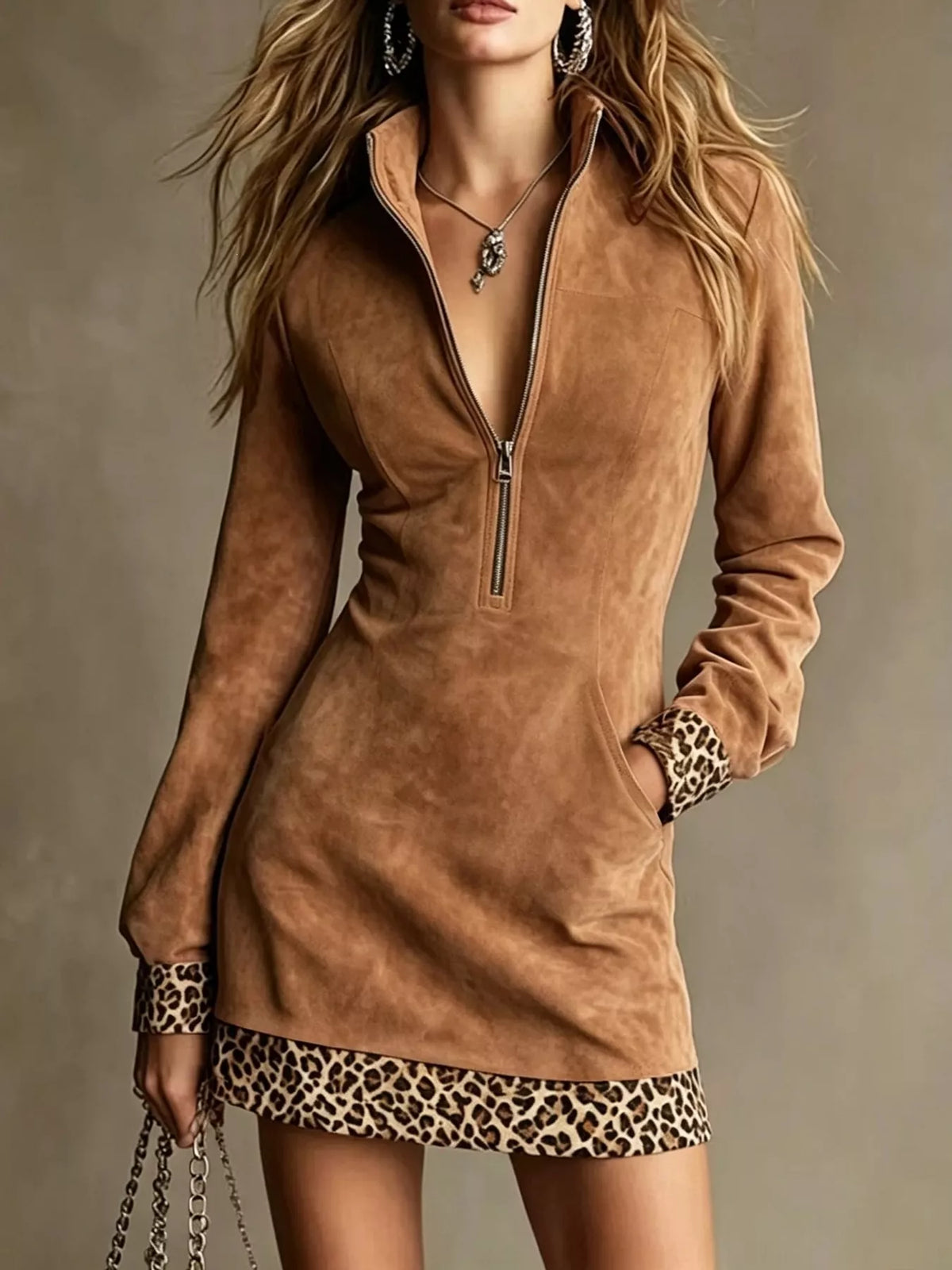 leopard half zip mini dress | dropsona polyester ≥95% - neutral - close-up detail