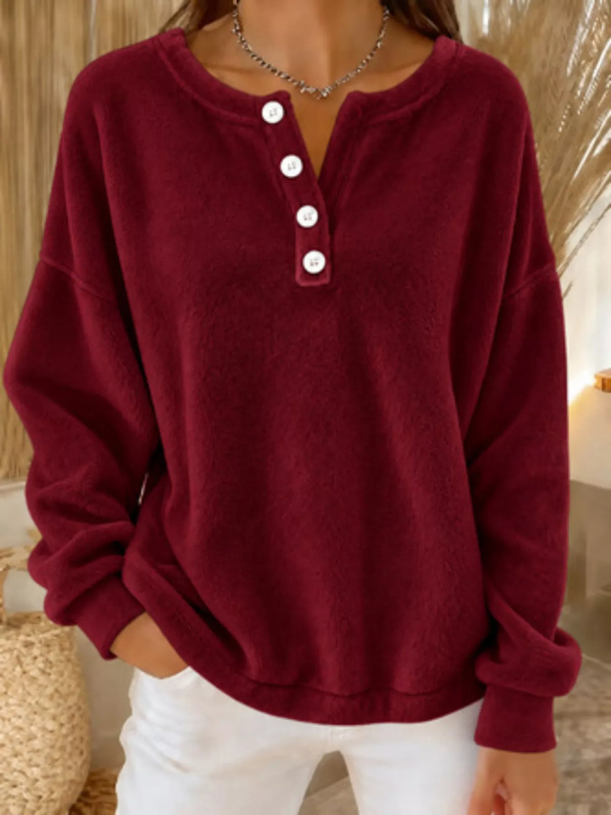 button detail dropped shoulder sweatshirt | dropsona - neutral - close-up detail