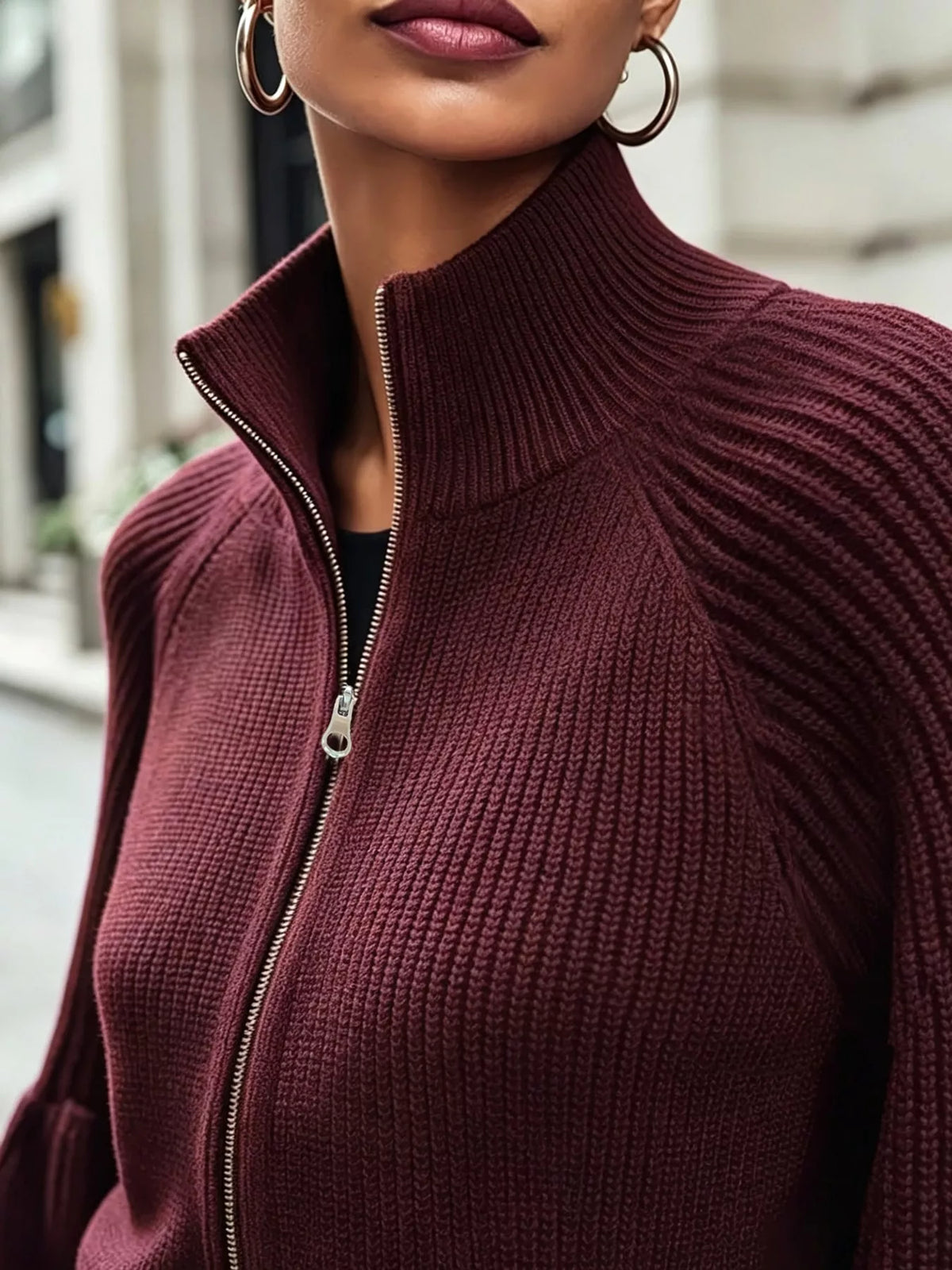 ribbed knit zip-up cardigan with lantern sleeves | dropsona - neutral - size reference