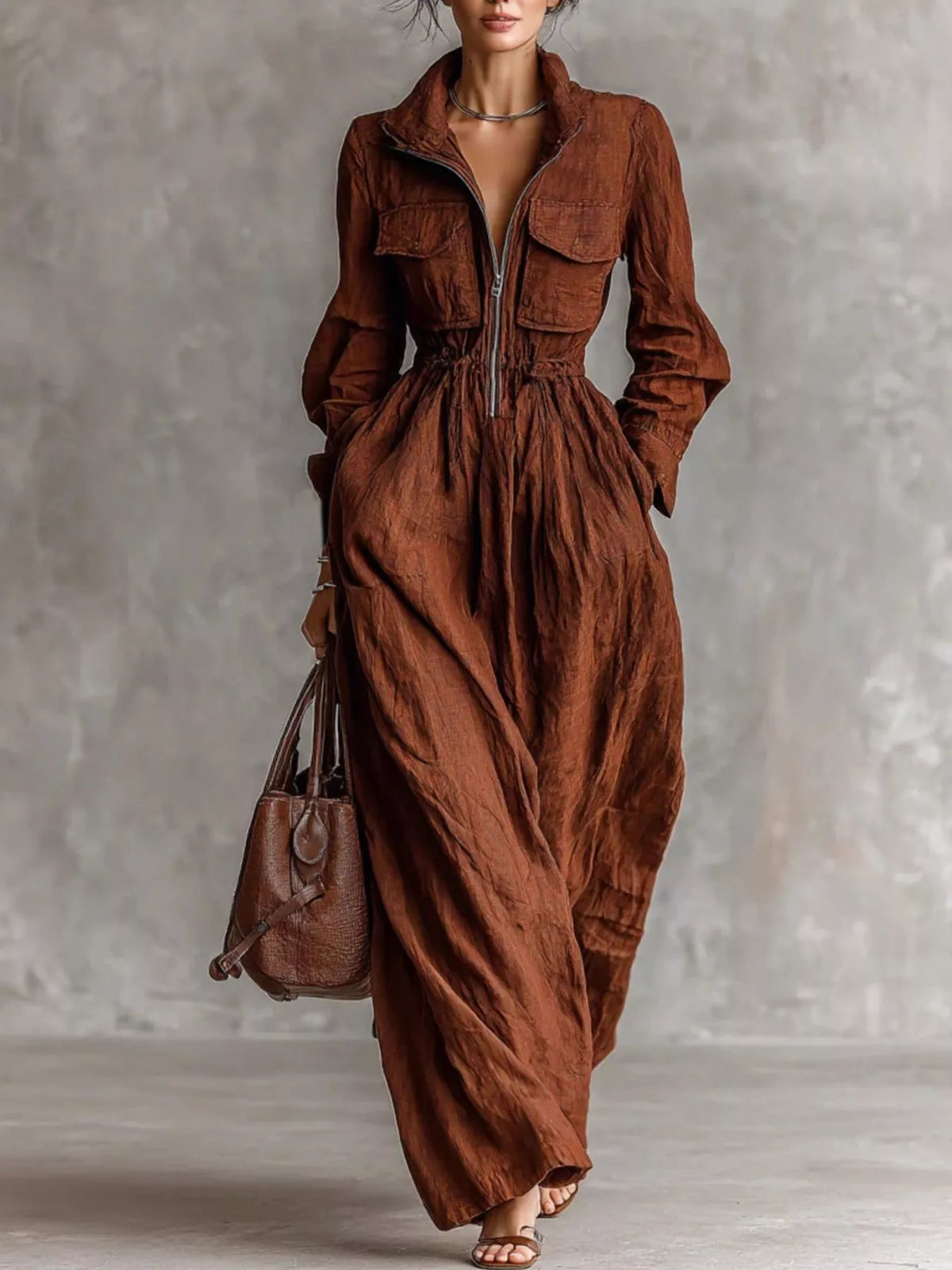zip-front long sleeve maxi shirt dress | dropsona - neutral - material texture