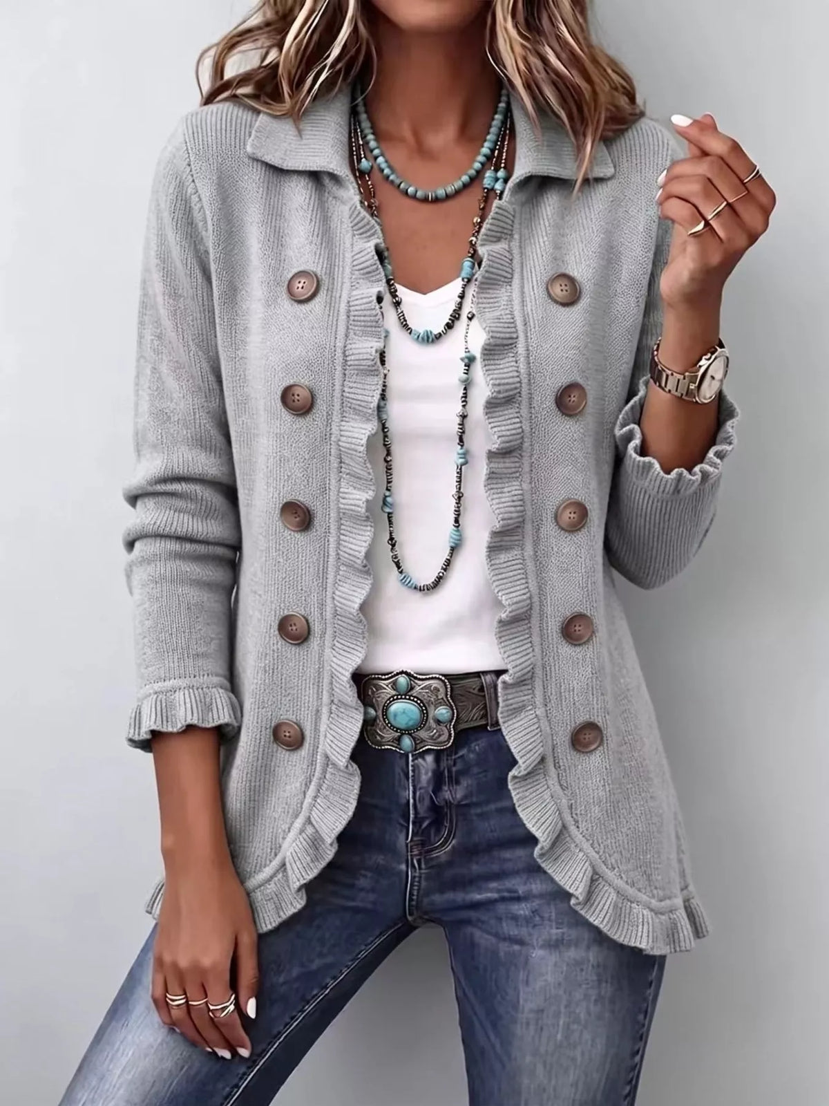 full size ruffled trim decorative button cardigan | dropsona - neutral - packaging