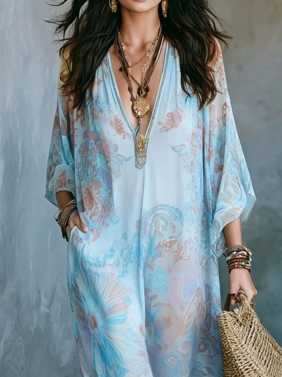 full size floral print v-neck maxi dress plus | dropsona - neutral - close-up detail