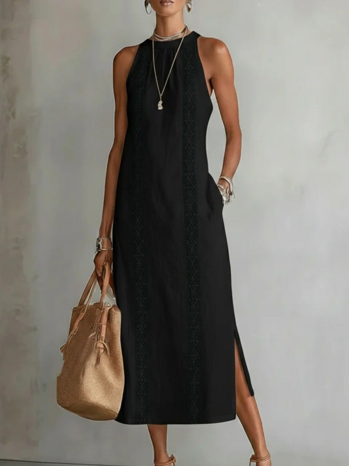 side slit sleeveless hollow-out trimmed midi dress | dropsona - neutral - packaging