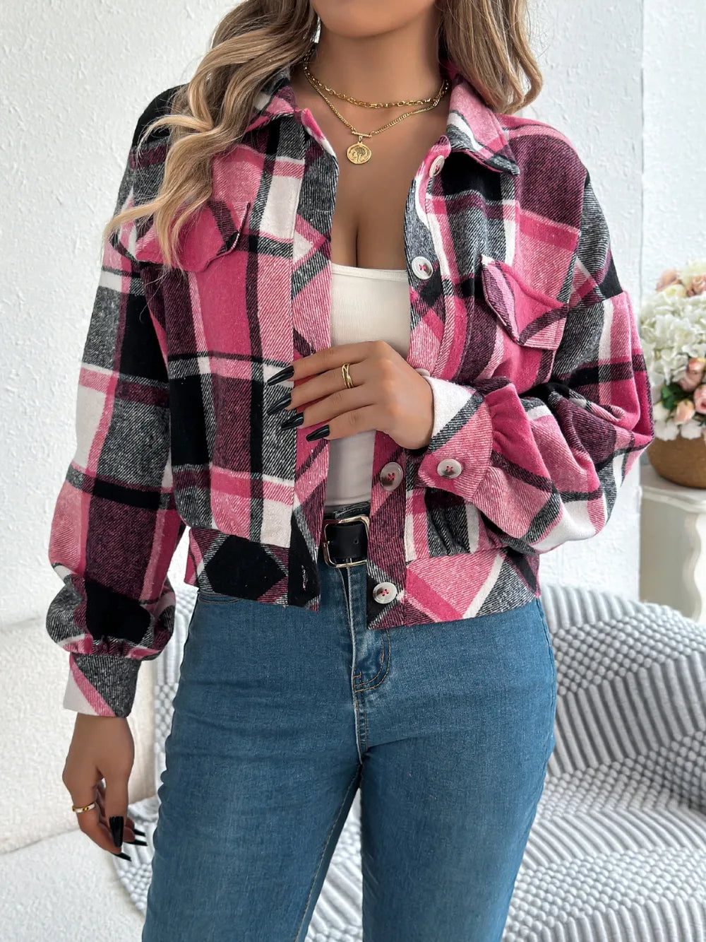 plaid button up long sleeve jacket – buttoned | dropsona - neutral - material texture