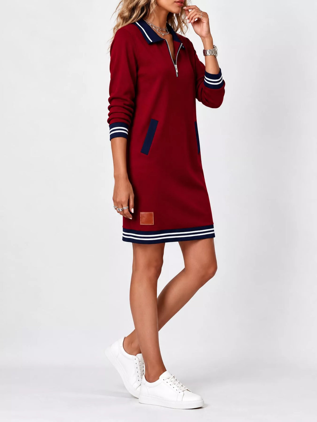 full size zip-up polo collar knit dress plus | dropsona - neutral - material texture