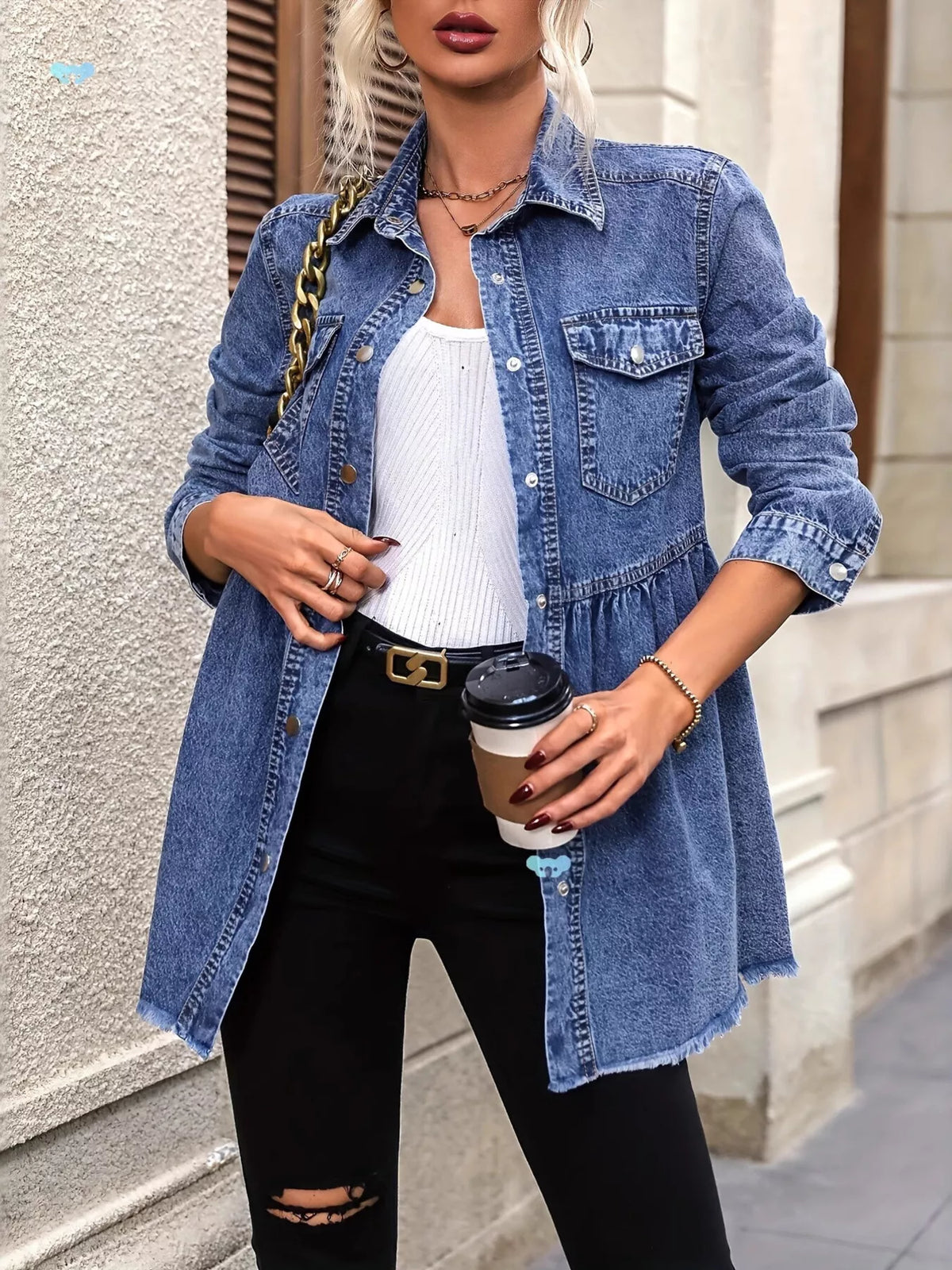 peplum hem denim jacket with button-down front | dropsona - neutral - close-up detail