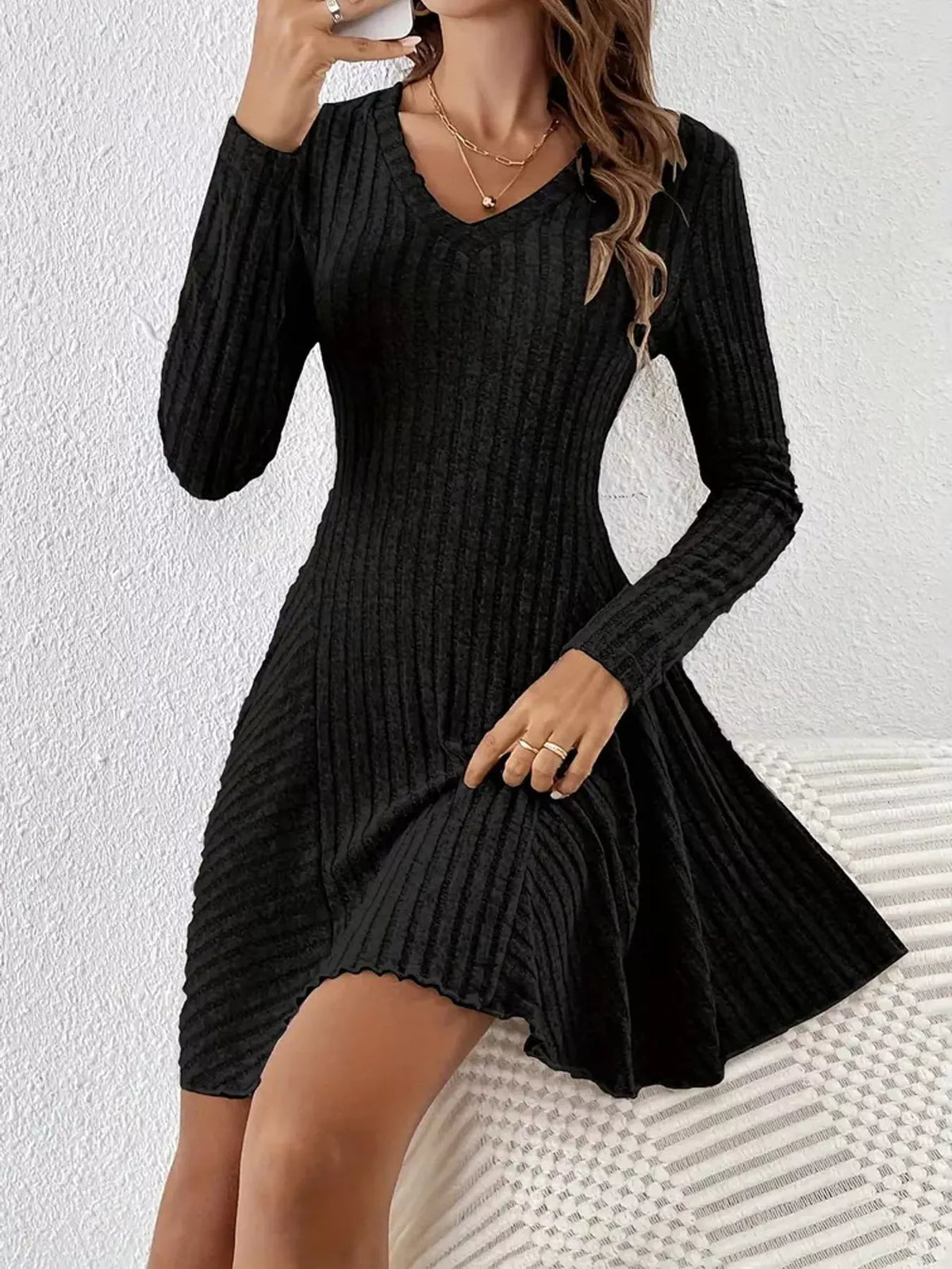 v-neck ribbed knit a-line dress – | dropsona - neutral - usage example