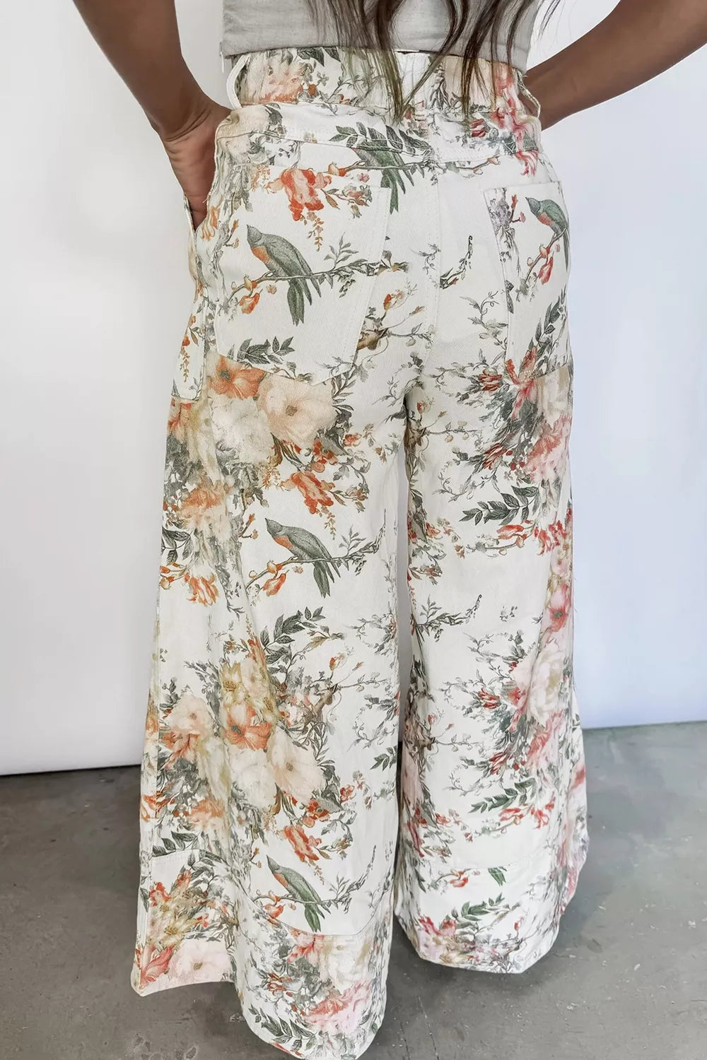 vintage style floral print high waist wide leg jeans - front view