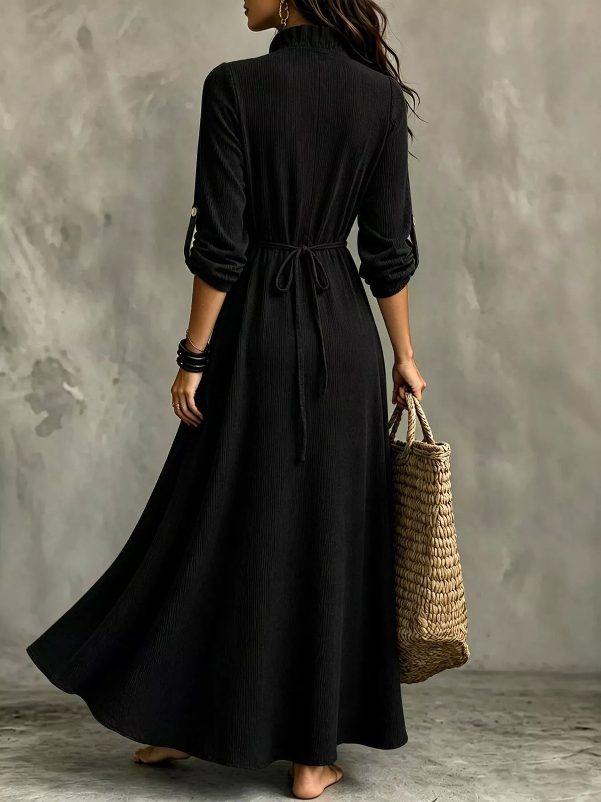 full size frill v-neck long sleeve maxi dress plus | dropsona - neutral - close-up detail
