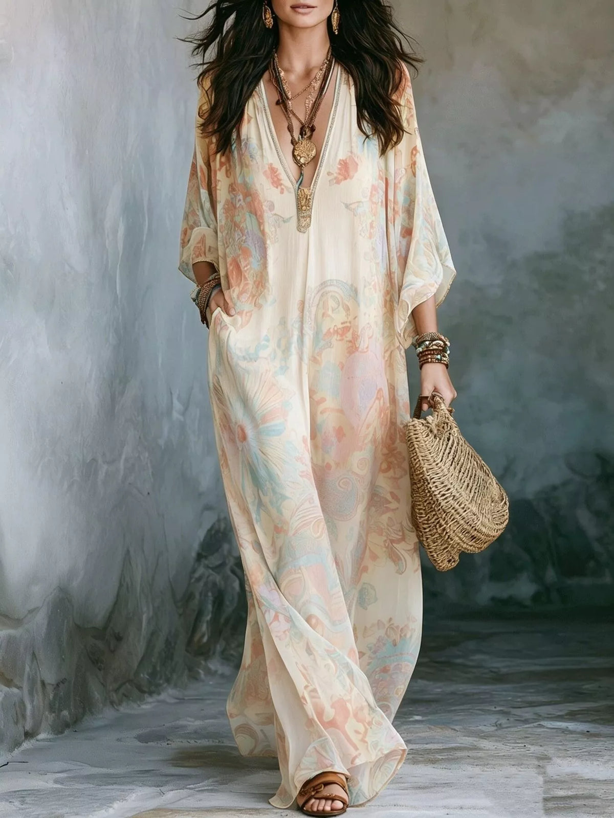 full size floral print v-neck maxi dress plus | dropsona - neutral - material texture