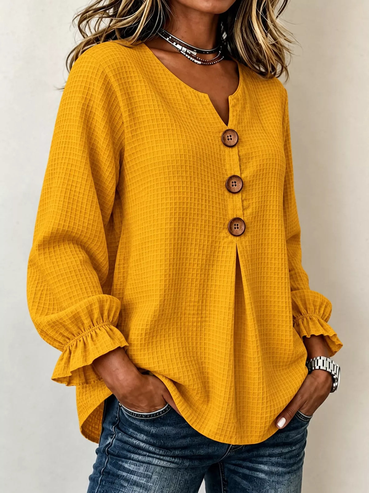 full size waffle knit flounce sleeve blouse plus | dropsona - neutral - close-up detail