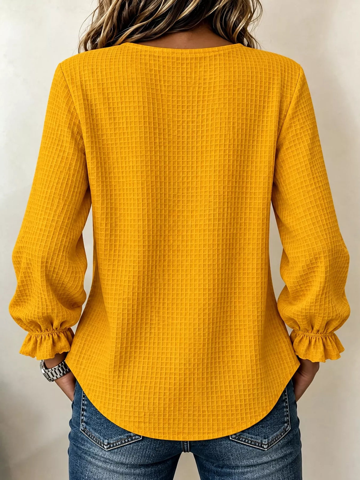 full size waffle knit flounce sleeve blouse plus | dropsona - neutral - material texture