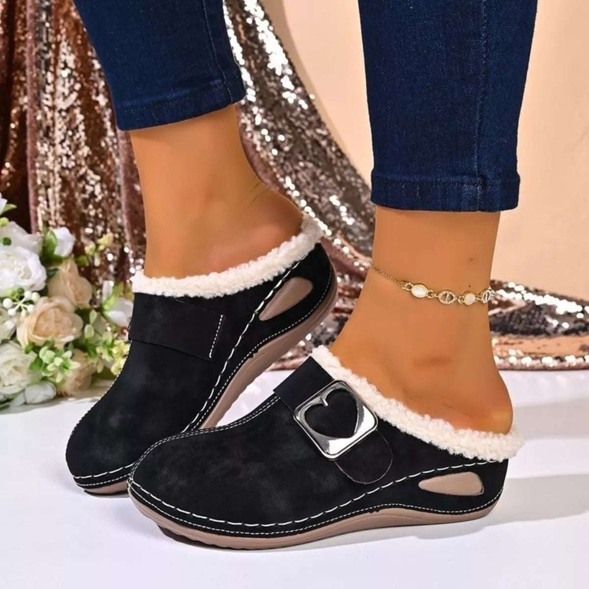 faux fur lined heart buckle slip-ons | dropsona - neutral - packaging