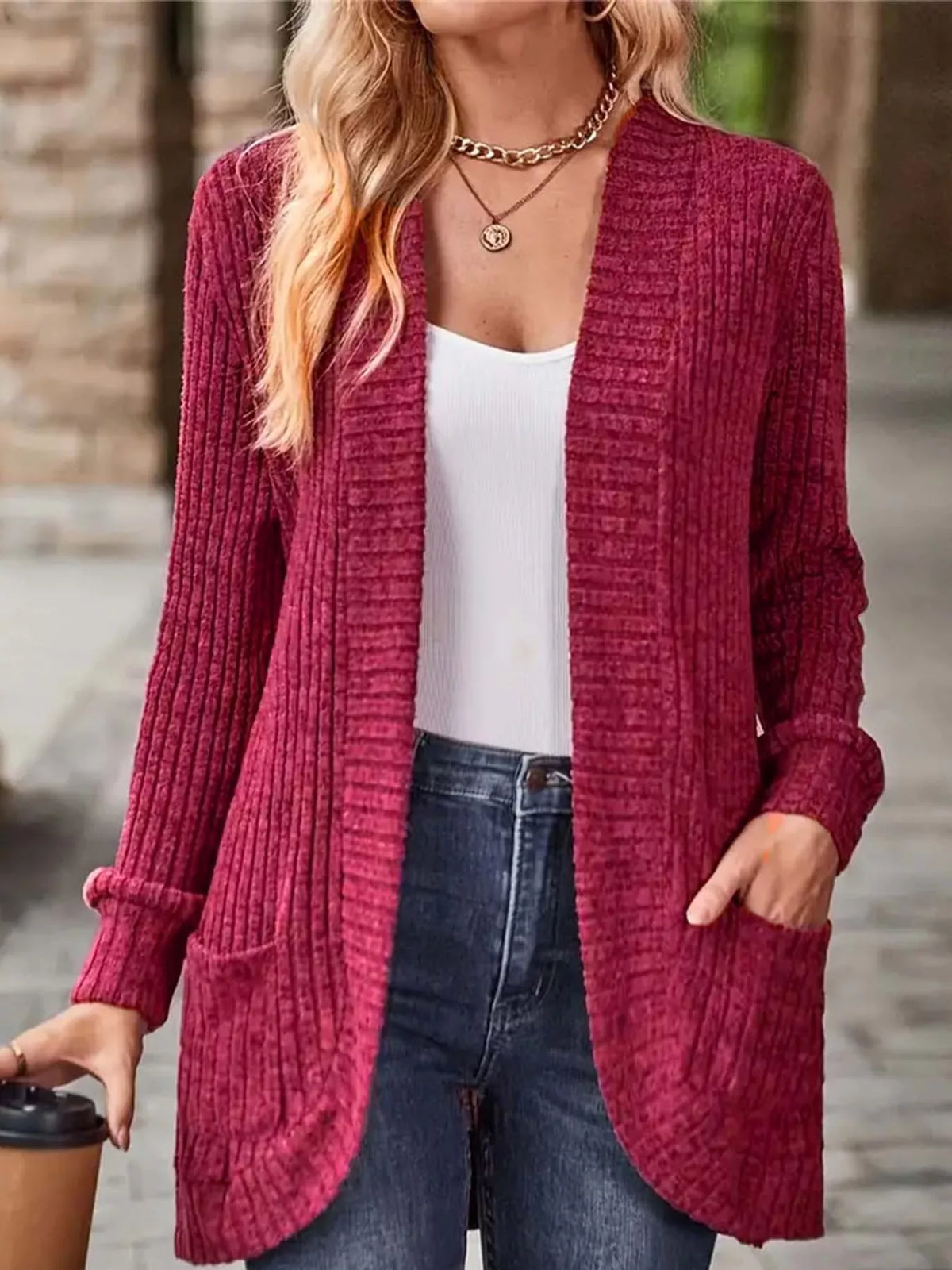 ribbed knit open front cardigan with pockets | dropsona - neutral - front view