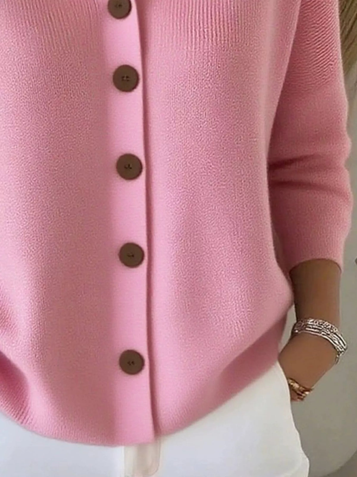 full size collared button-down knit cardigan plus | dropsona - neutral - close-up detail