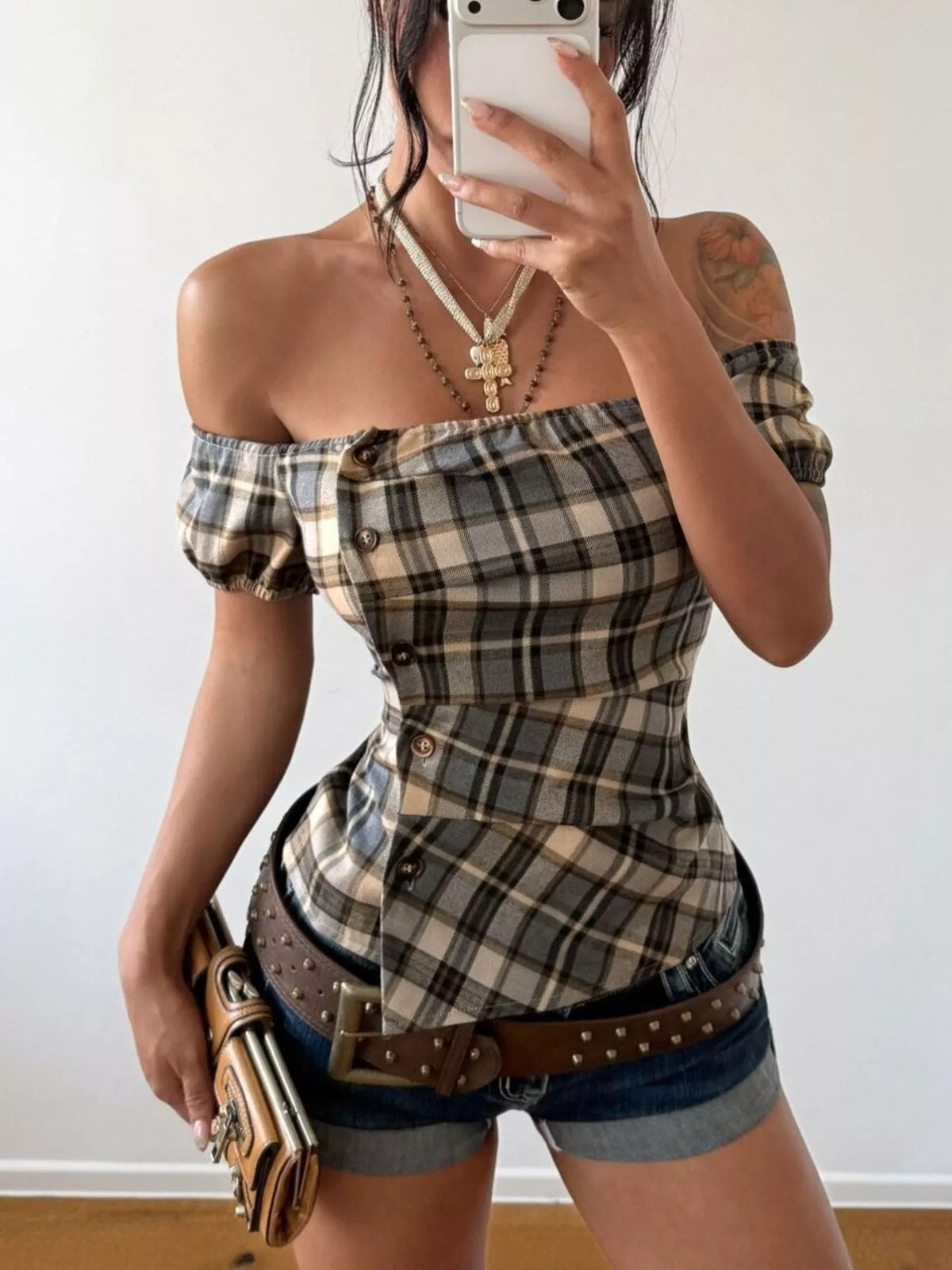 off-shoulder plaid blouse – buttoned,asymmetrical | dropsona - neutral - size reference