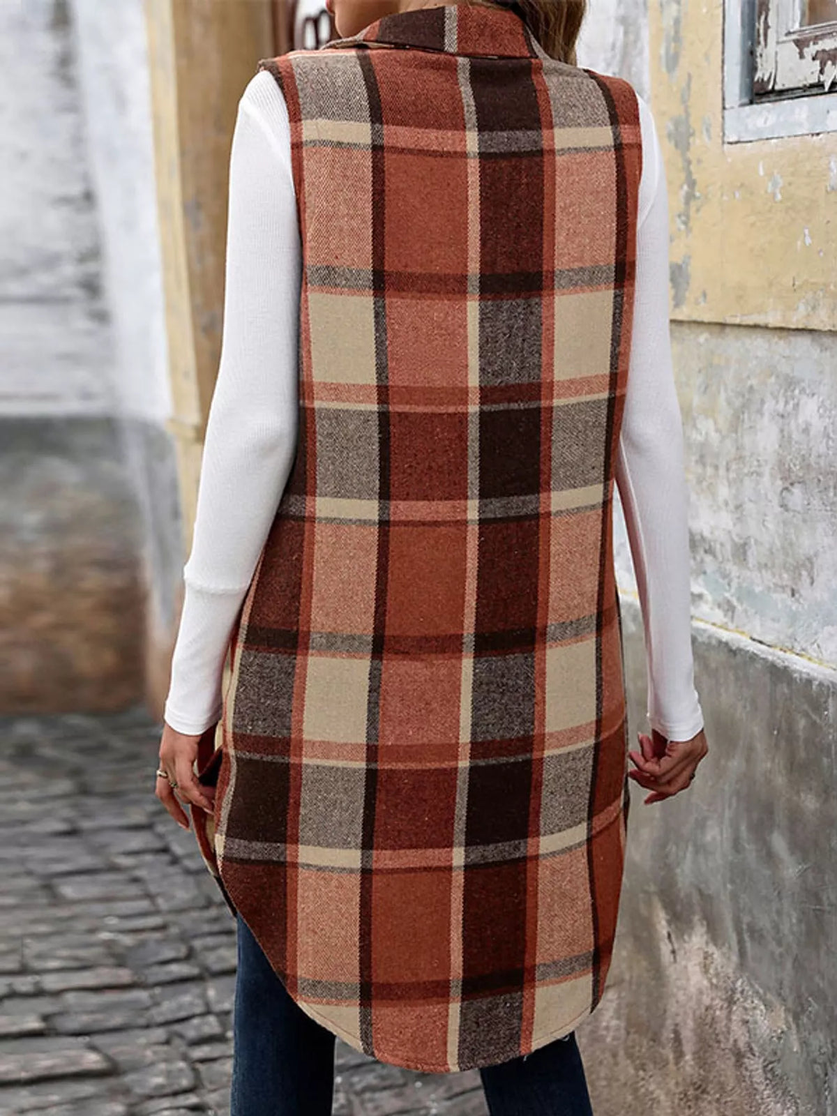 longline plaid button-down vest coat | dropsona - neutral - front view