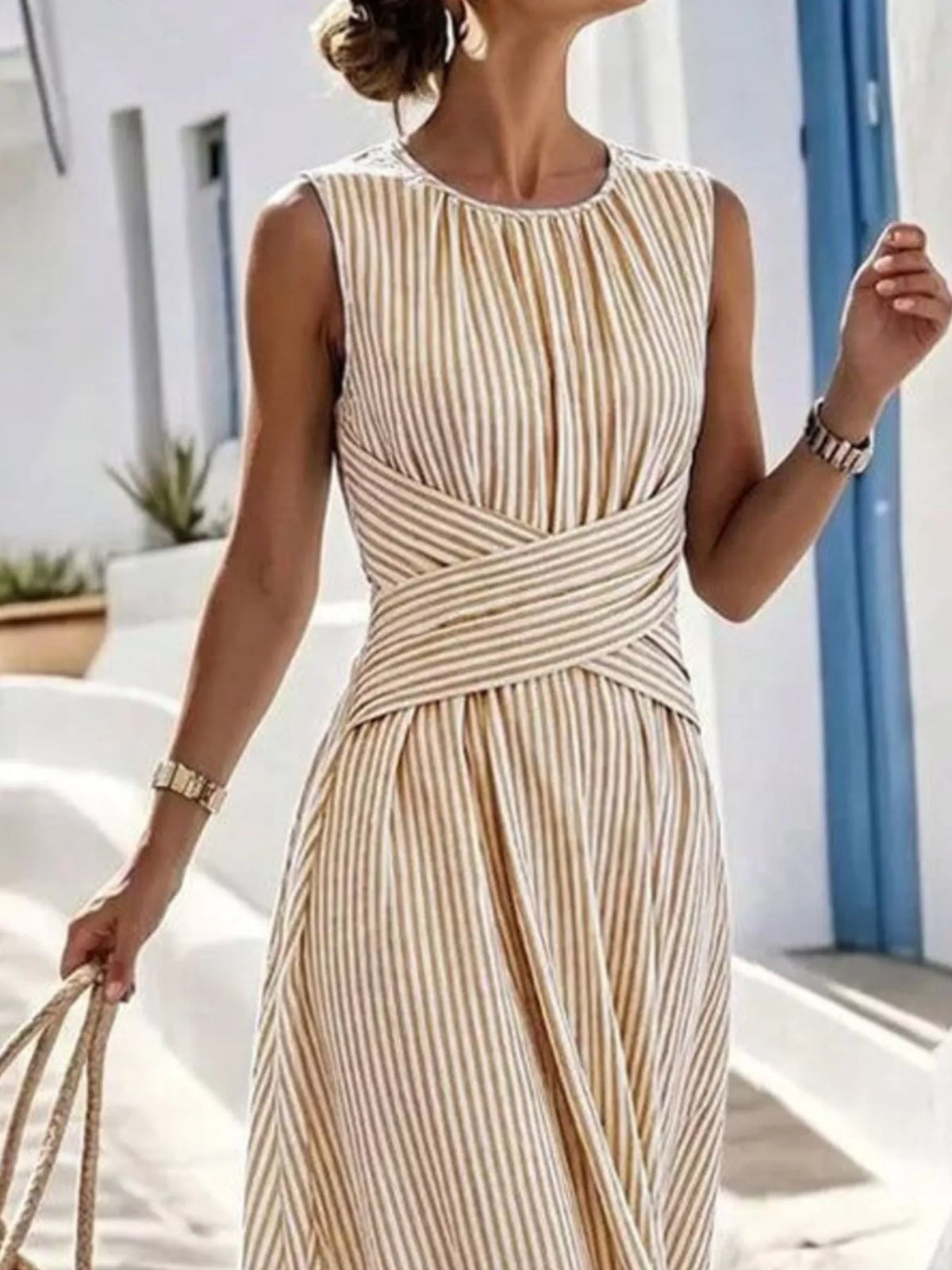 full size striped sleeveless maxi dress plus | dropsona - neutral - material texture