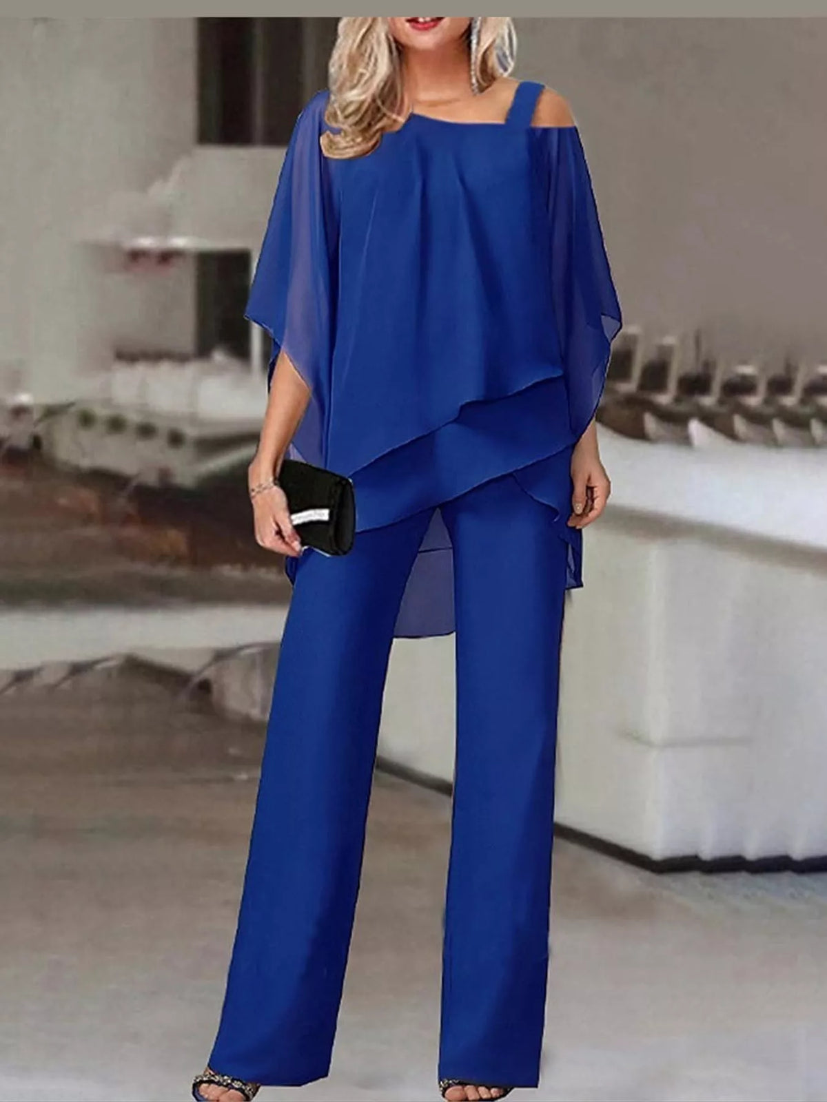 full size cold-shoulder layered top and wide-leg | dropsona - neutral - packaging