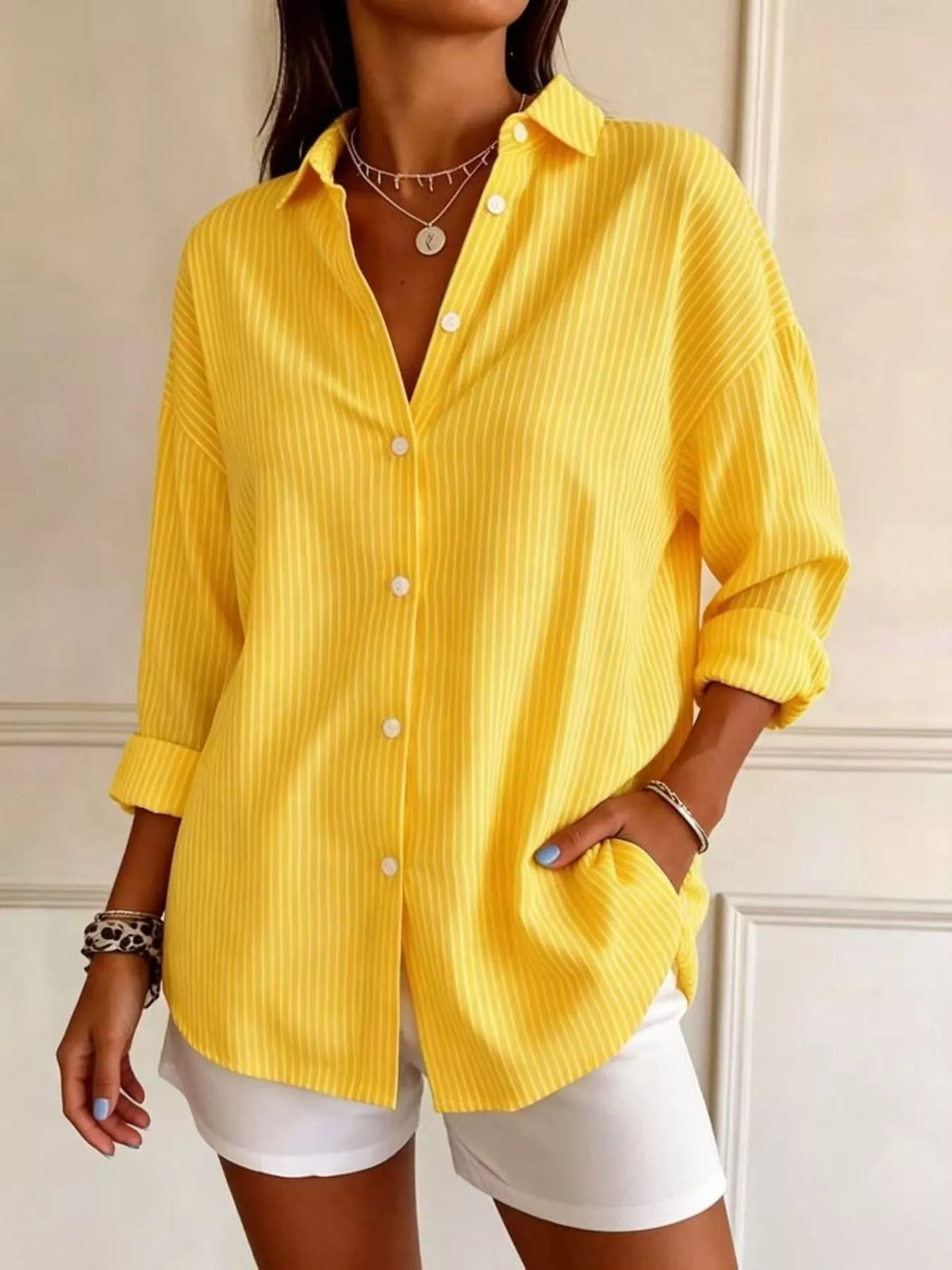 full size striped button-down long sleeve shirt plus | dropsona - neutral - size reference