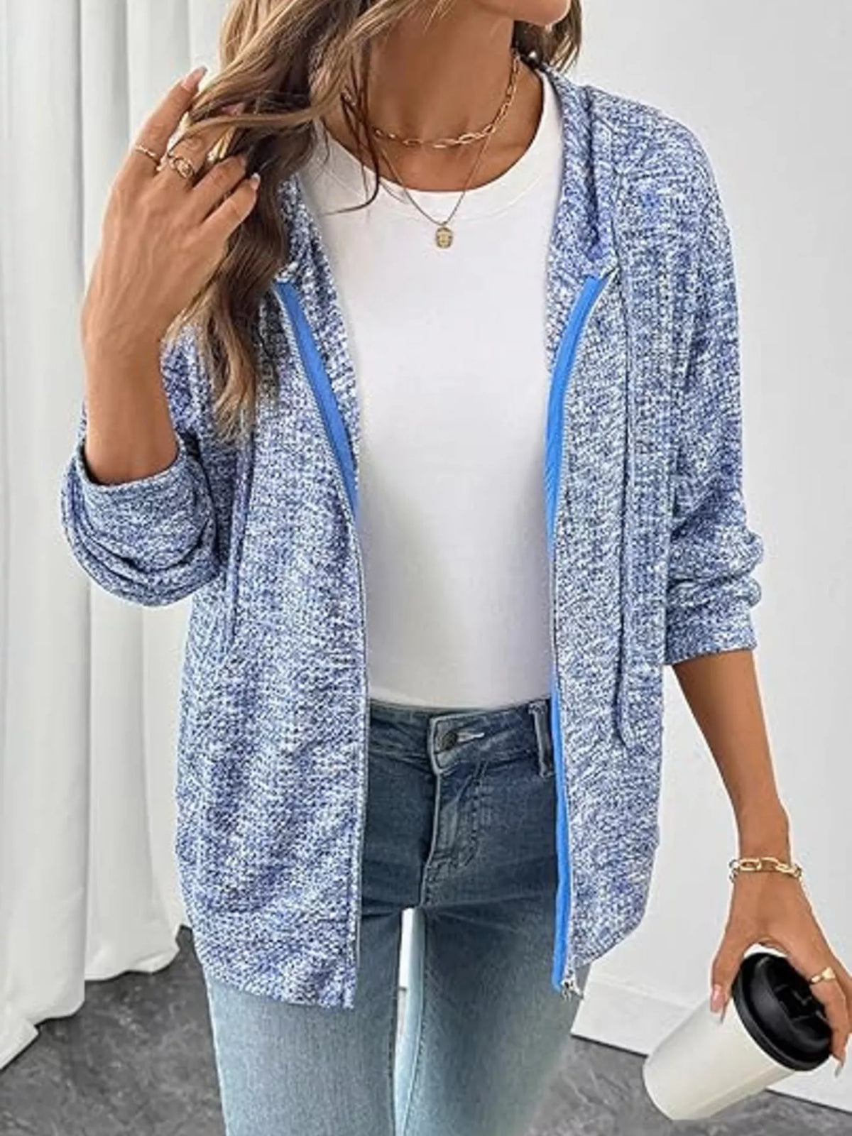 zip-up drawstring hooded cardigan | dropsona - neutral - close-up detail