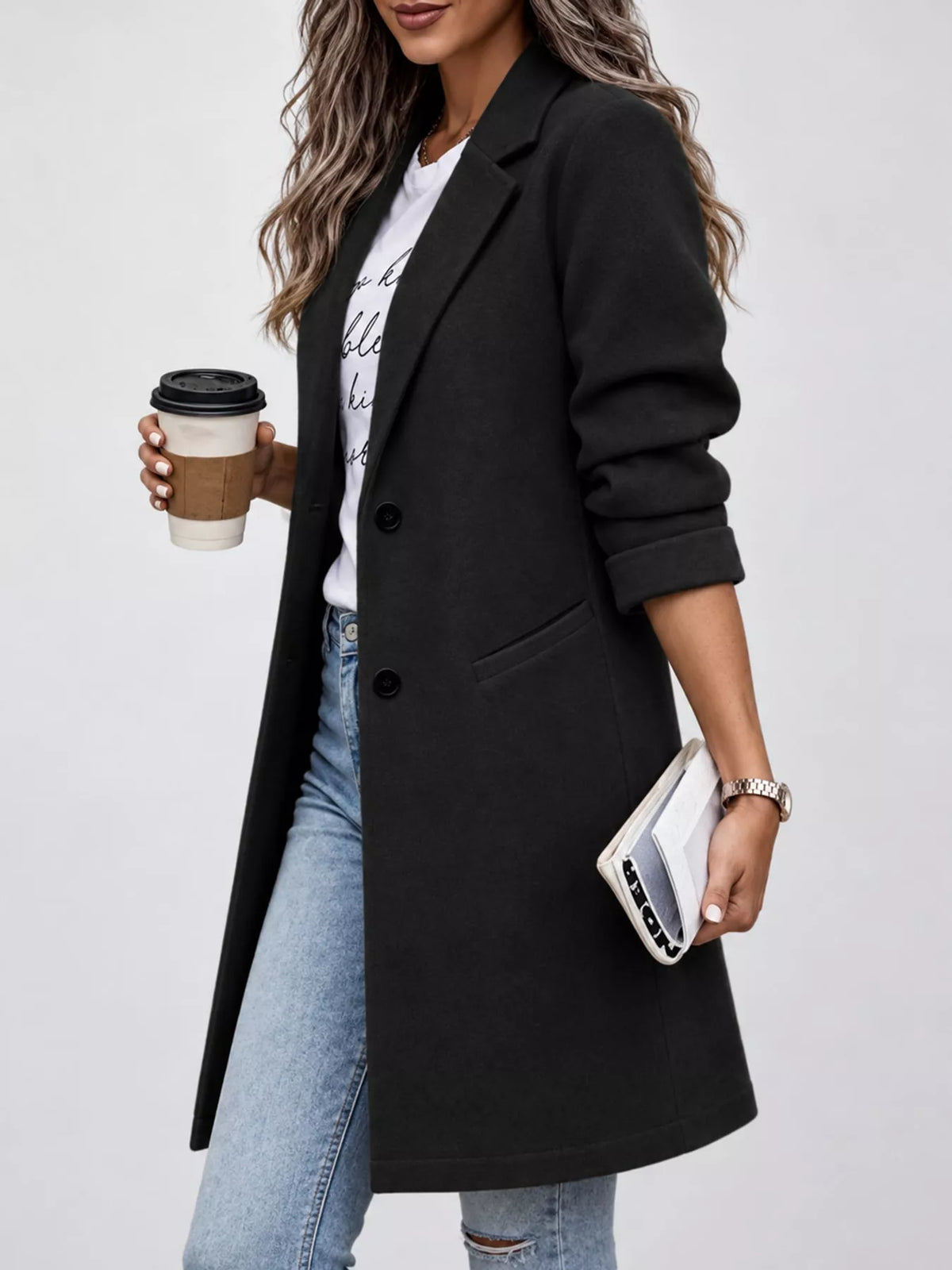 full size lapel collar button up coat plus | dropsona - neutral - front view